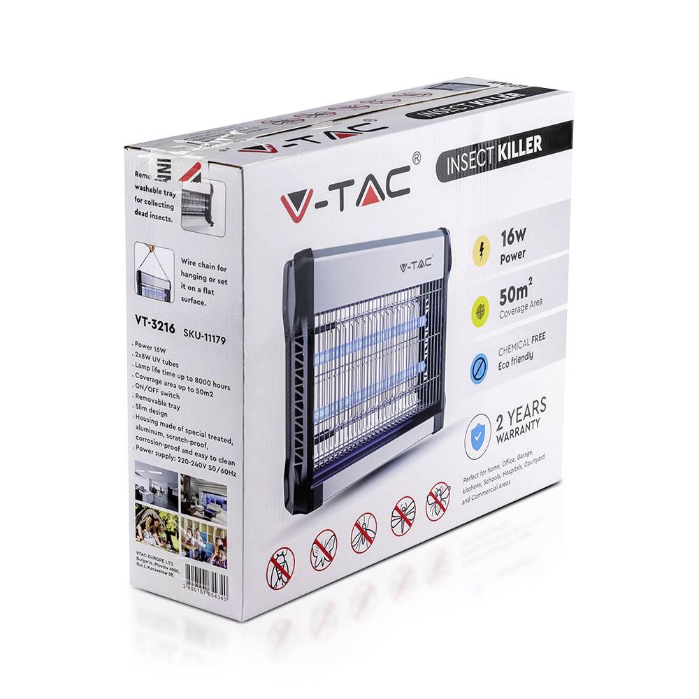 Elektrický hubič hmyzu od V-TAC, výkon 16 W, pokrývá plochu 50 m², bez chemikálií, se zárukou 2 roky. Balení obsahuje obrázek produktu a podrobné informace.