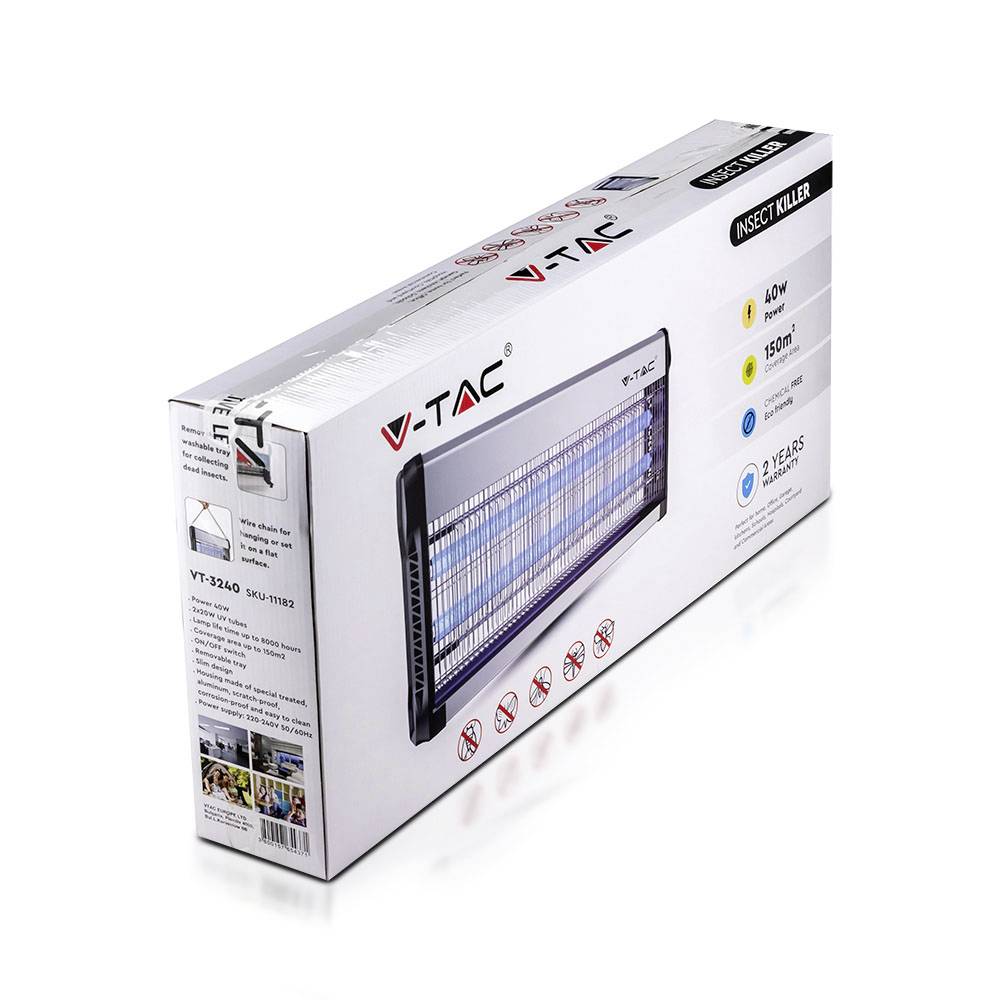 Obal hubičů hmyzu značky V-TAC. Zobrazuje obrázek produktu a technické údaje. Obsahuje symboly pro informace uživatele.