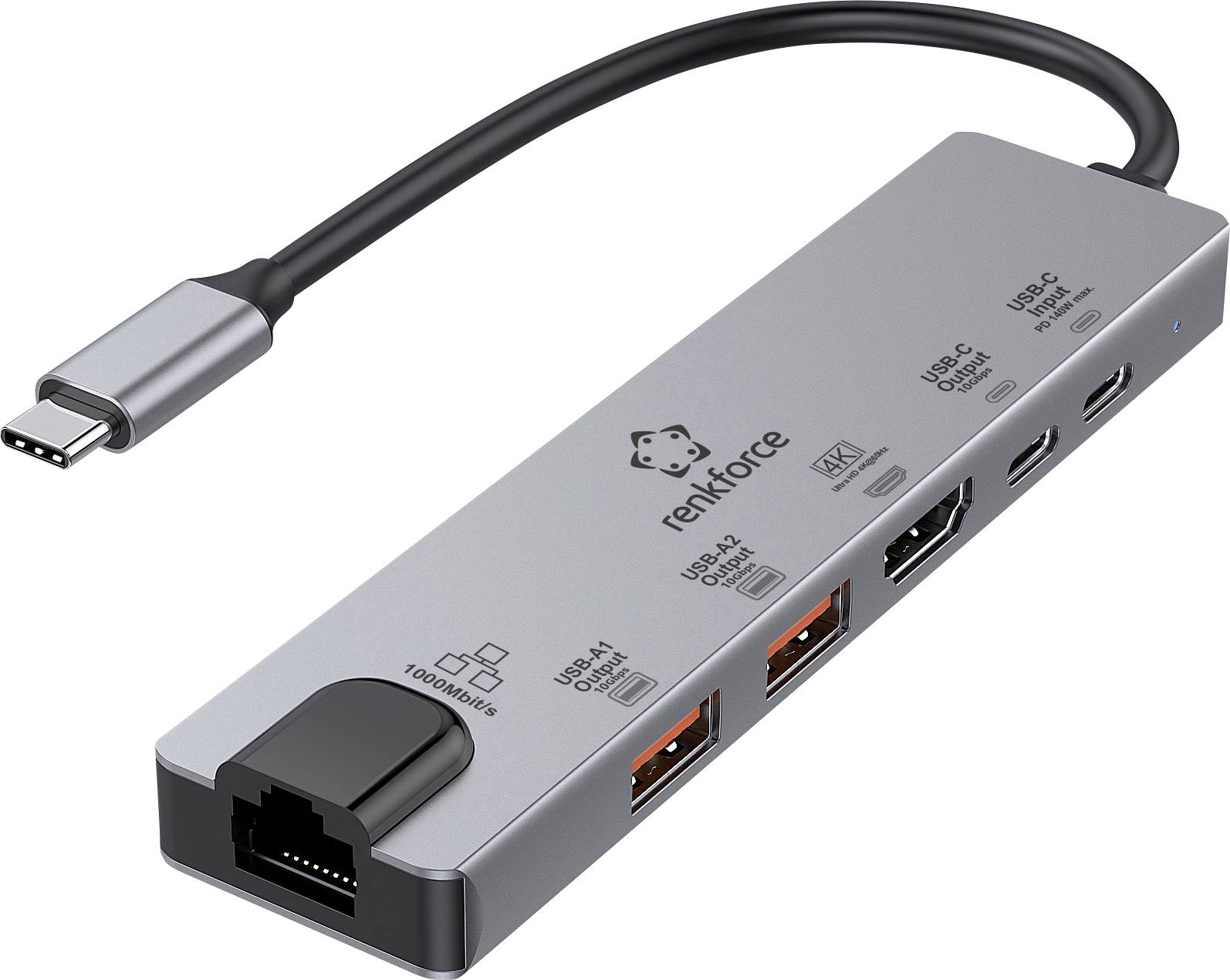 USB-C hub s ethernetovým, HDMI, USB-A a USB-C porty, vhodný pro 4K video; značka 'renkforce'.