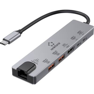 USB-C hub s ethernetovým, HDMI, USB-A a USB-C porty, vhodný pro 4K video; značka 'renkforce'.