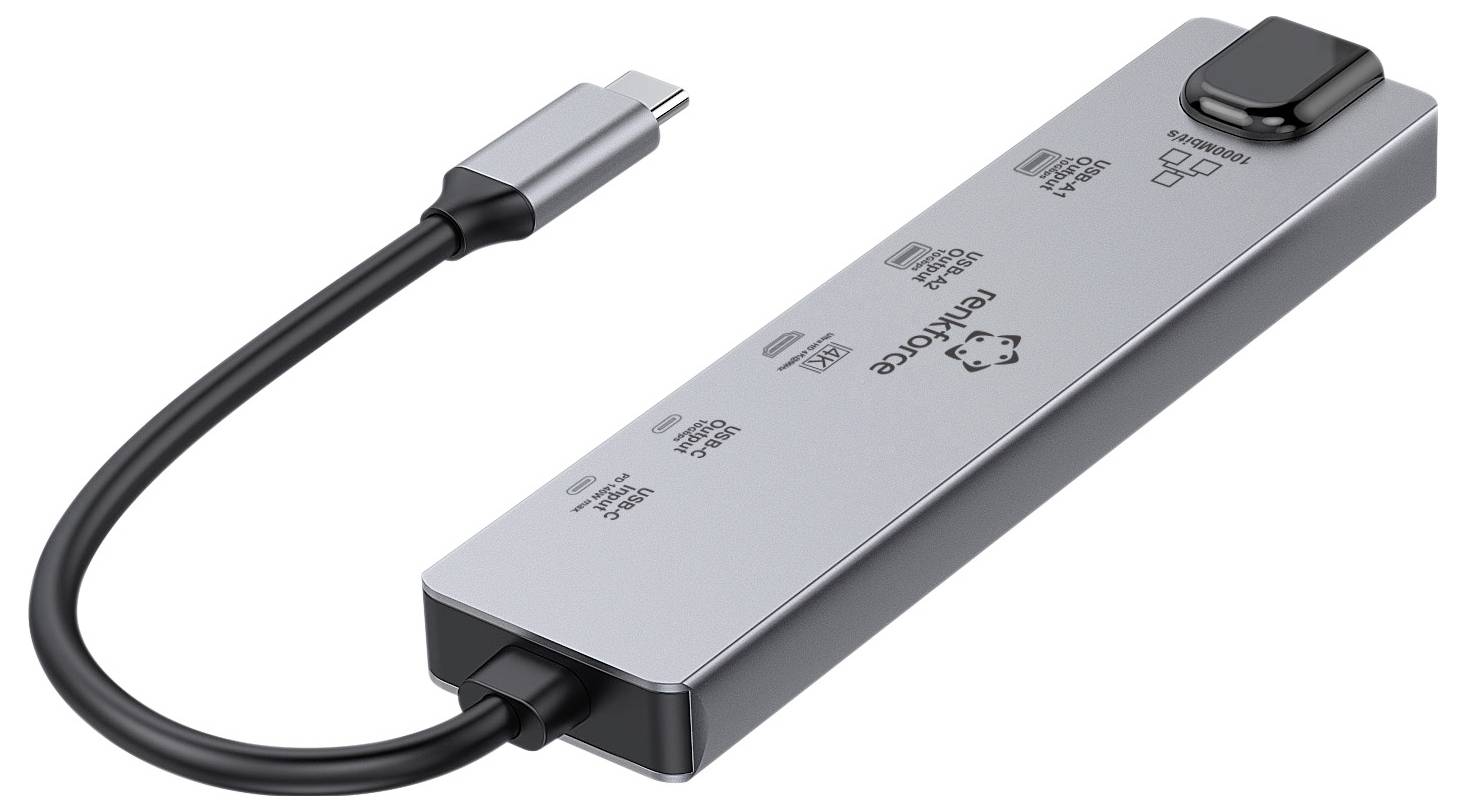 Rozbočovač USB-C s více porty, včetně HDMI, USB-A a USB-C. Stříbrné tělo s černým kabelem. Ideální pro notebooky.
