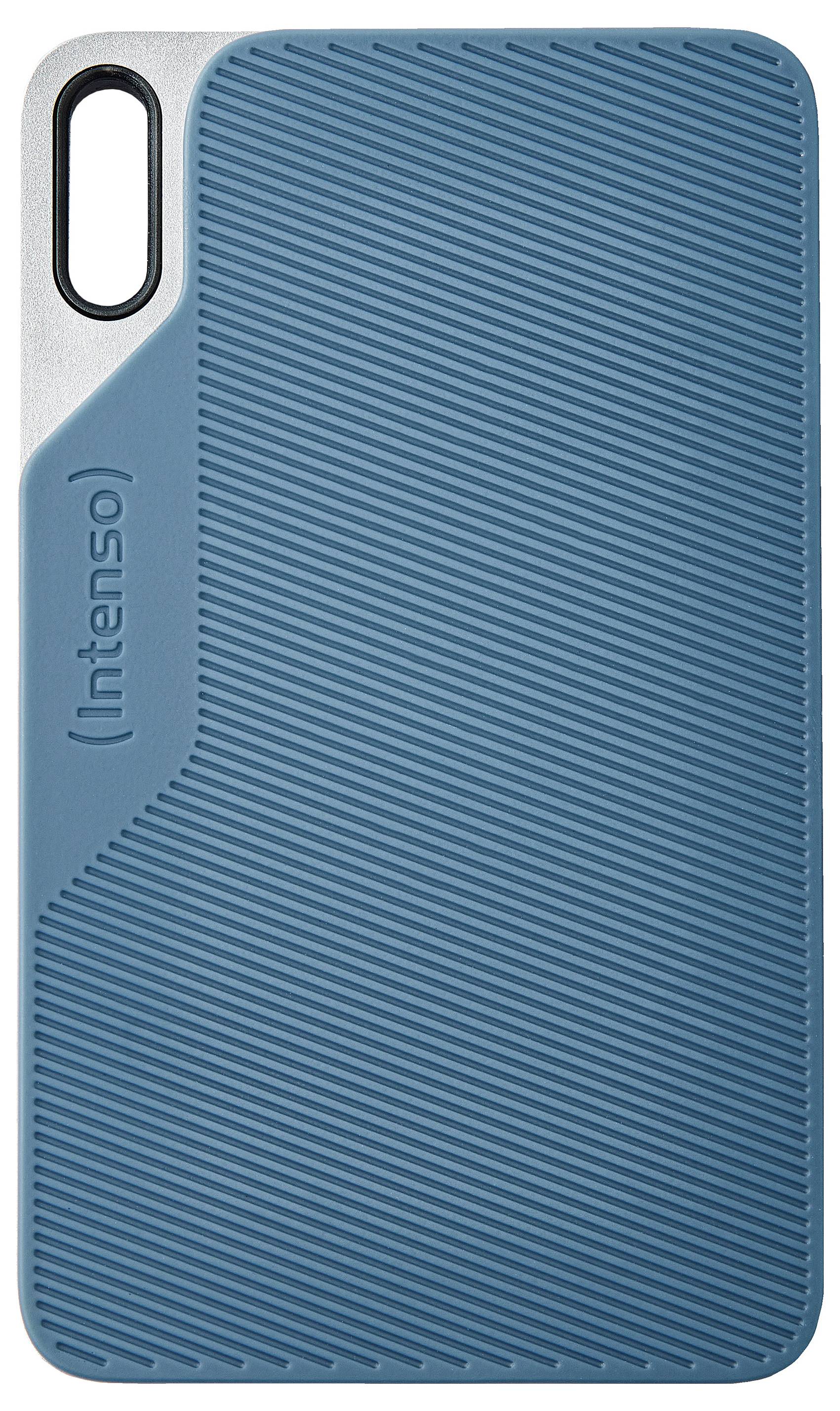 Externí HDD box v modré a stříbrné barvě s výrazným drážkovaným vzorem, s názvem značky 'Intenso' na povrchu.