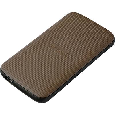 Hnědý intenzivní pevný disk s vroubkovaným povrchem, obdélníkový tvar, zaoblené rohy, USB konektor na spodní straně.