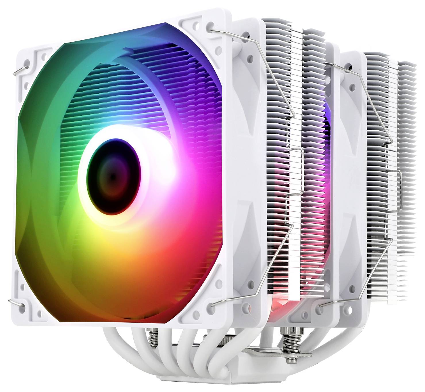 Bílý počítačový ventilátor s osvětlenými RGB LED a několika chladicími žebry pro lepší odvod tepla.