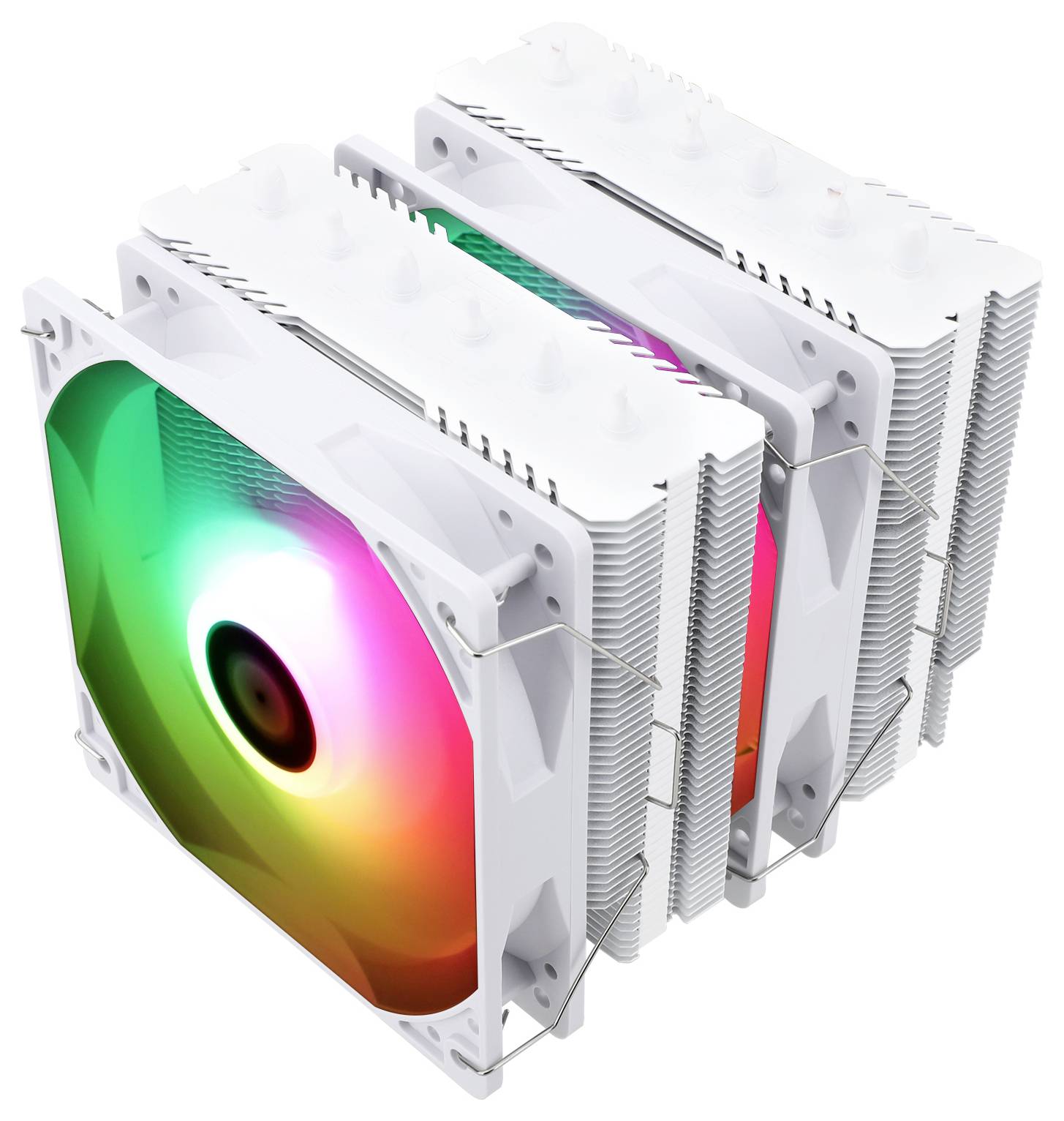 Tři velké bílostříbrné chladiče CPU s osvětlenými ventilátory v duhových barvách, umístěné vedle sebe.