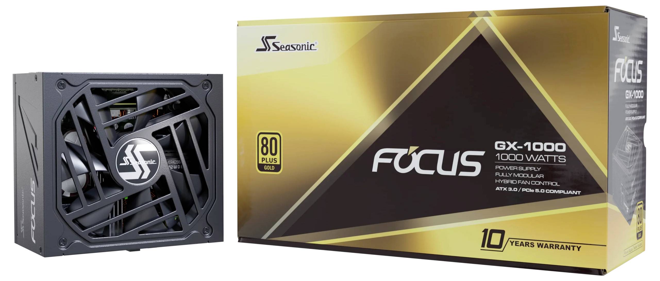 Napájecí zdroj Seasonic GX-1000, 1000 W, 80 PLUS Gold, zobrazuje přístroj a jeho obal. 10 let záruky.