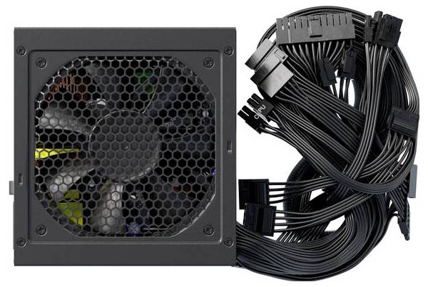 Černý počítačový zdroj s viditelným ventilátorem a několika kabelovými konektory používanými pro napájení počítače.