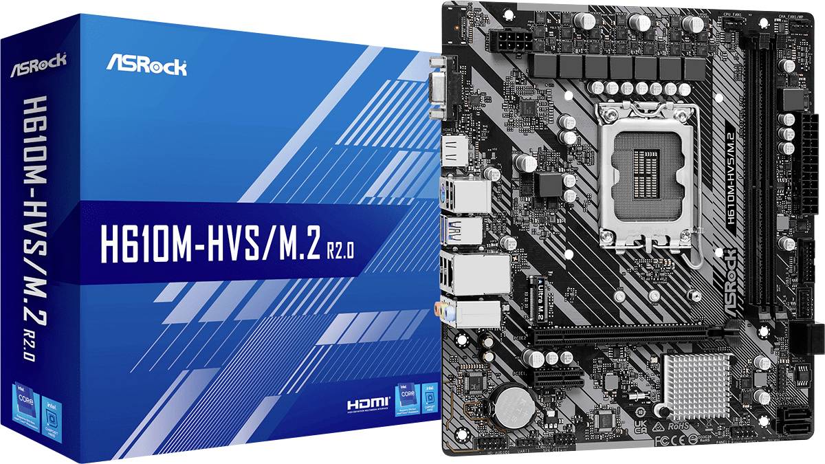 Základní deska 'ASRock H610M-HVS/M.2 R2.0' vedle obalu. Základní deska zobrazuje elektronické komponenty a konektory.