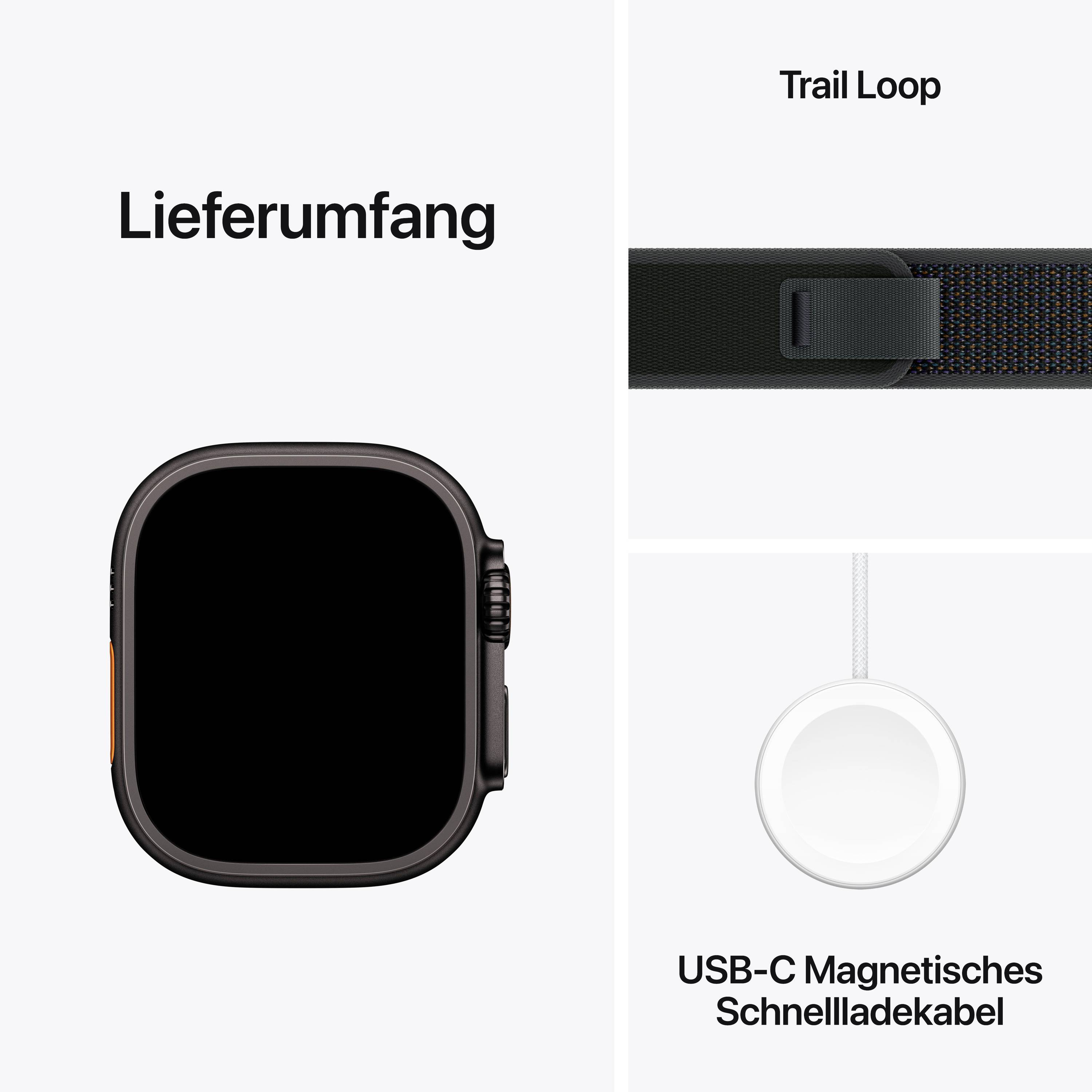 Obsah dodávky chytrých hodinek: černý řemínek nazvaný 'Trail Loop' a magnetický USB-C nabíjecí kabel pro rychlé nabíjení.