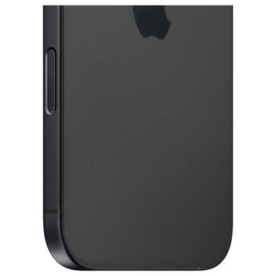 Černý smartphone z pohledu z boku, přičemž je částečně viditelné logo Apple. Design je jednoduchý a moderní.