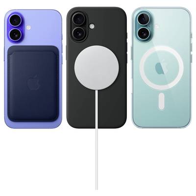 Tři iPhony v různých barvách: modrý s držákem na karty, černý s bezdrátovou nabíječkou MagSafe, zelený s průhledným krytem.