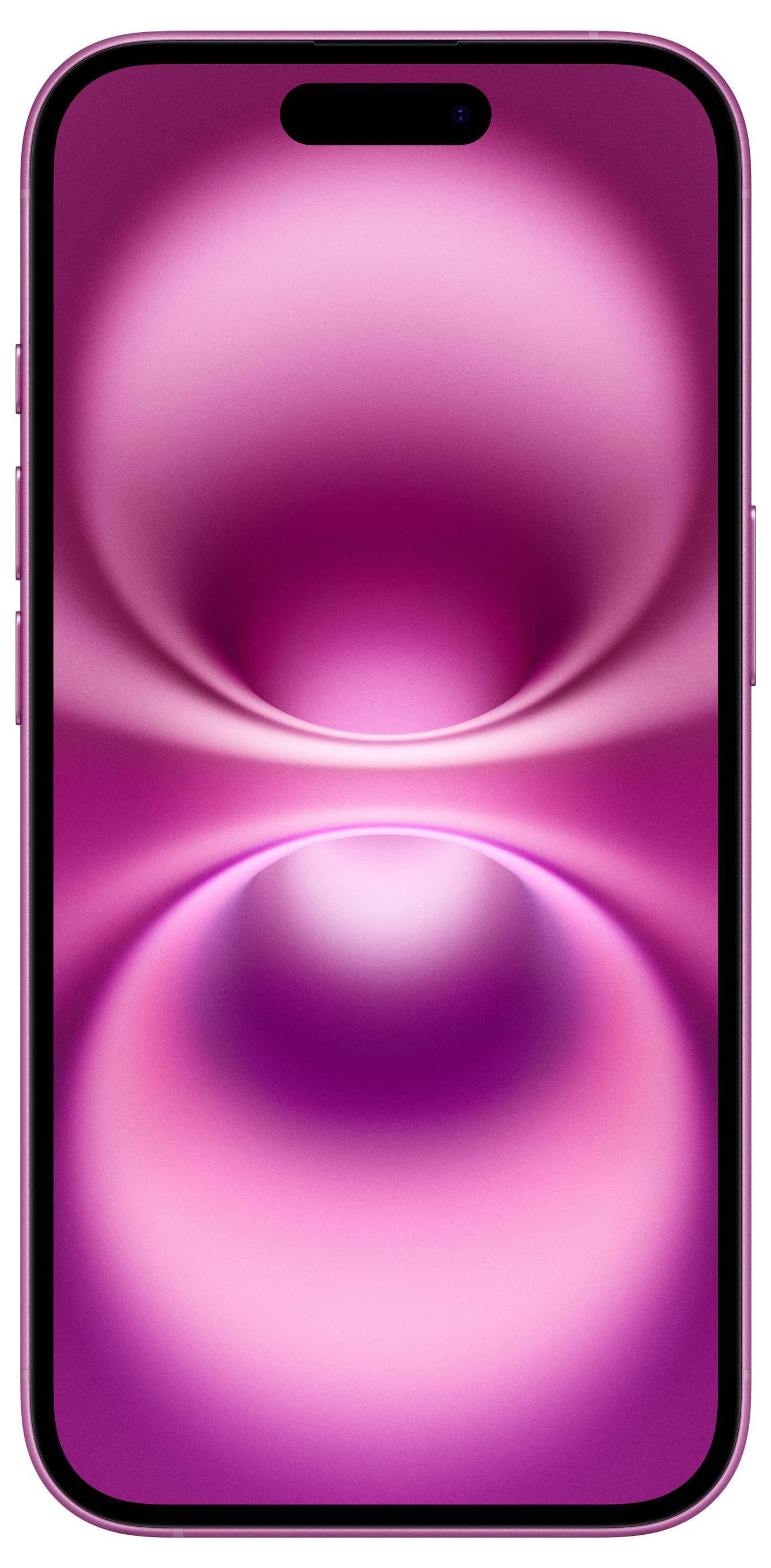 Smartphone v růžové barvě s abstraktním, růžovým světelným vzorem na obrazovce.