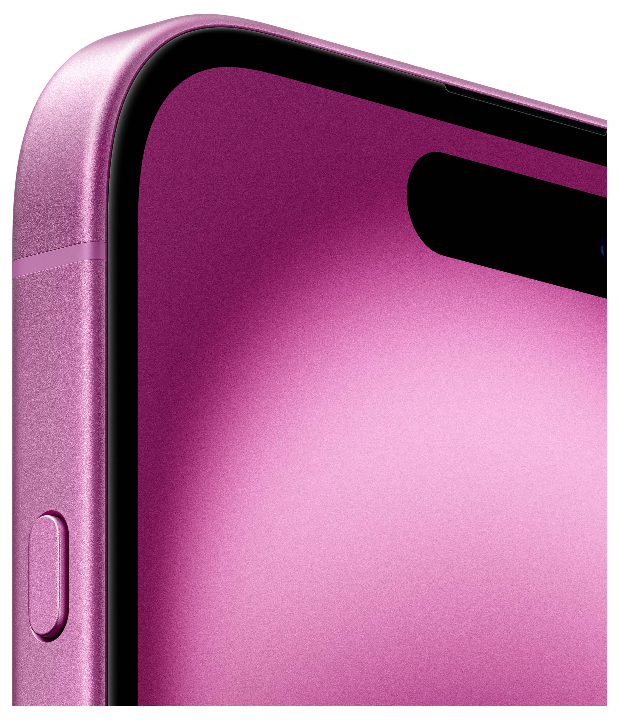 Detailní záběr rohu růžového smartphonu. Zřetelně viditelné jsou boční tlačítko a zaoblený okraj displeje.