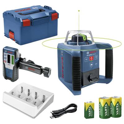 Sada rotačního laseru Bosch, skládající se z laserového přístroje, přijímače, baterií, nabíječky a kufříku.