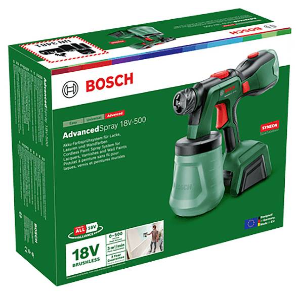 'Bosch AdvancedSpray 18V-500' vyobrazeno na obalu zeleného bezdrátového systému pro nástřik barev. Vhodné pro laky.