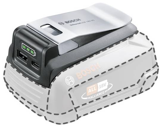 Akumulátorový pack Bosch s 18V, zobrazený s klipem a dvěma USB porty, včetně jednoho USB-C portu.