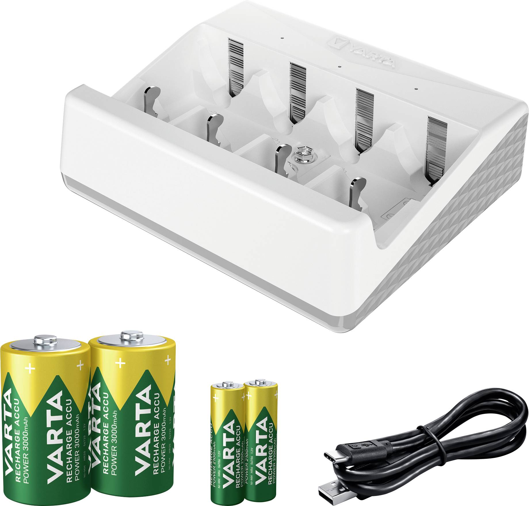 Nabíječka se čtyřmi sloty, dvě žluté baterie D, dvě žluté baterie AA od VARTA a USB kabel.