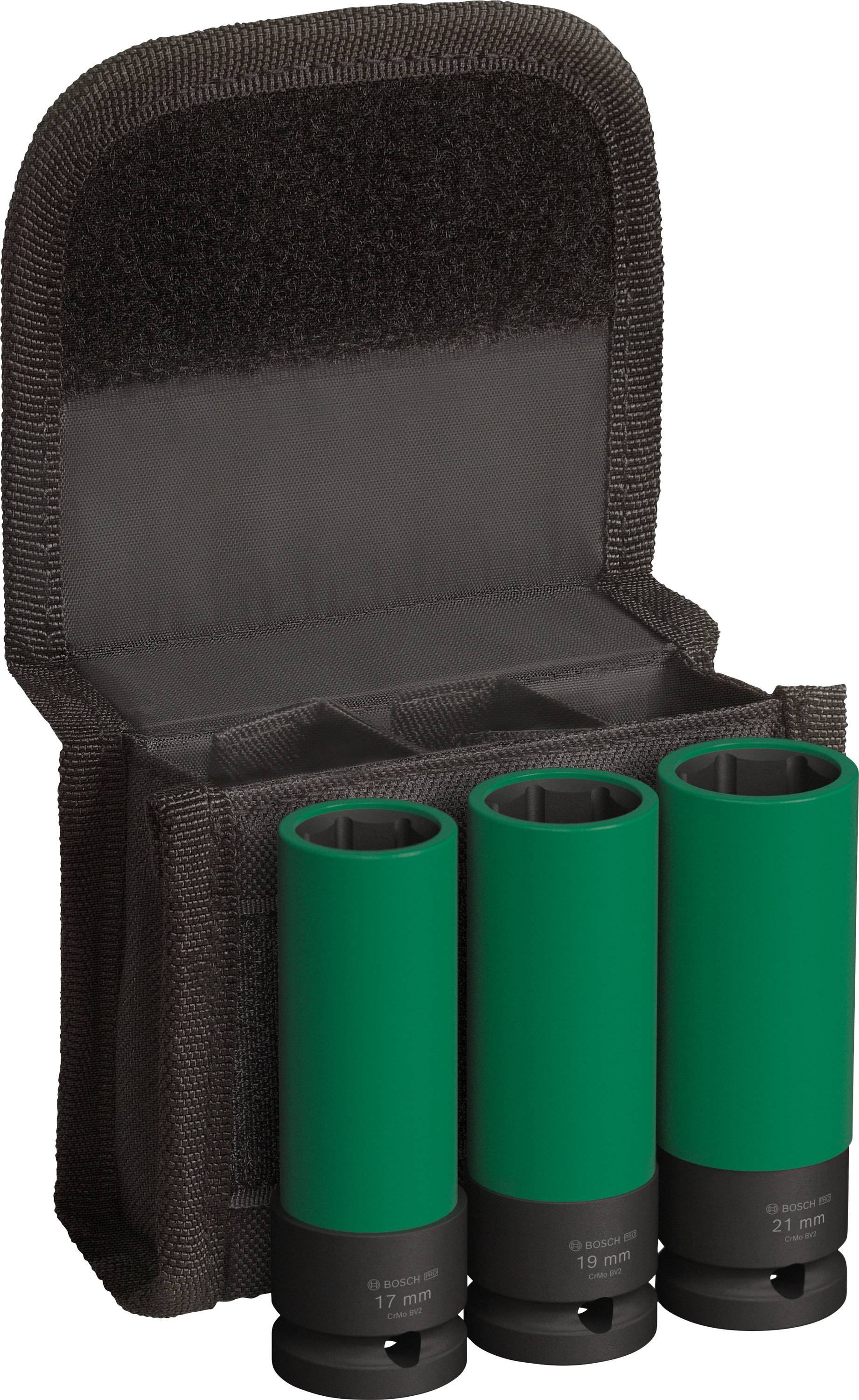 Tři ořechy v černé svisle stojící tašce se suchým zipem. Ořechy jsou označeny velikostmi 17 mm, 19 mm a 21 mm.