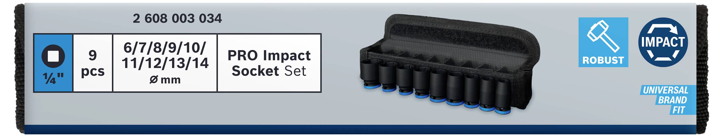 Sada nárazových nástrčných klíčů 'PRO Impact Socket Set' s 9 nástrčnými klíči, velikosti od 6 mm do 14 mm. Číslo produktu 2 608 003 034. Robustní, univerzální použití.