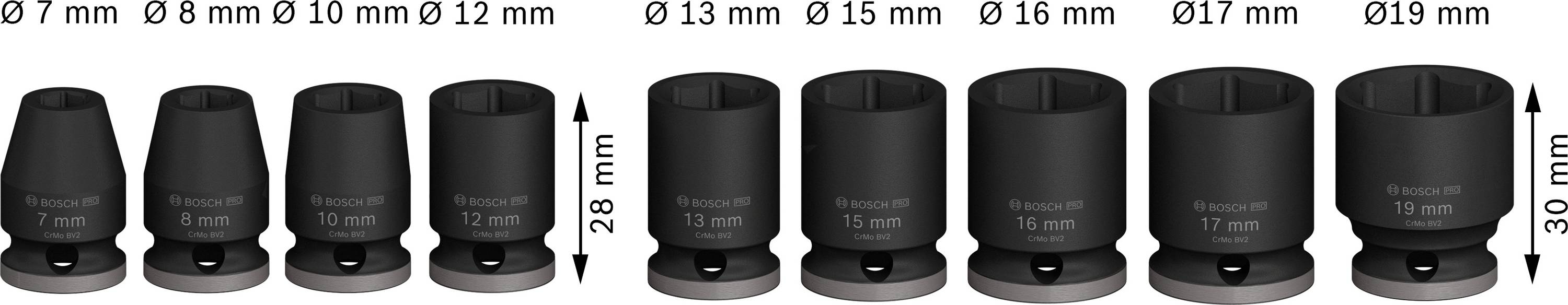 Sada s 8 nástrčnými klíči, velikosti Ø 7 mm až Ø 19 mm, výška 28-30 mm.