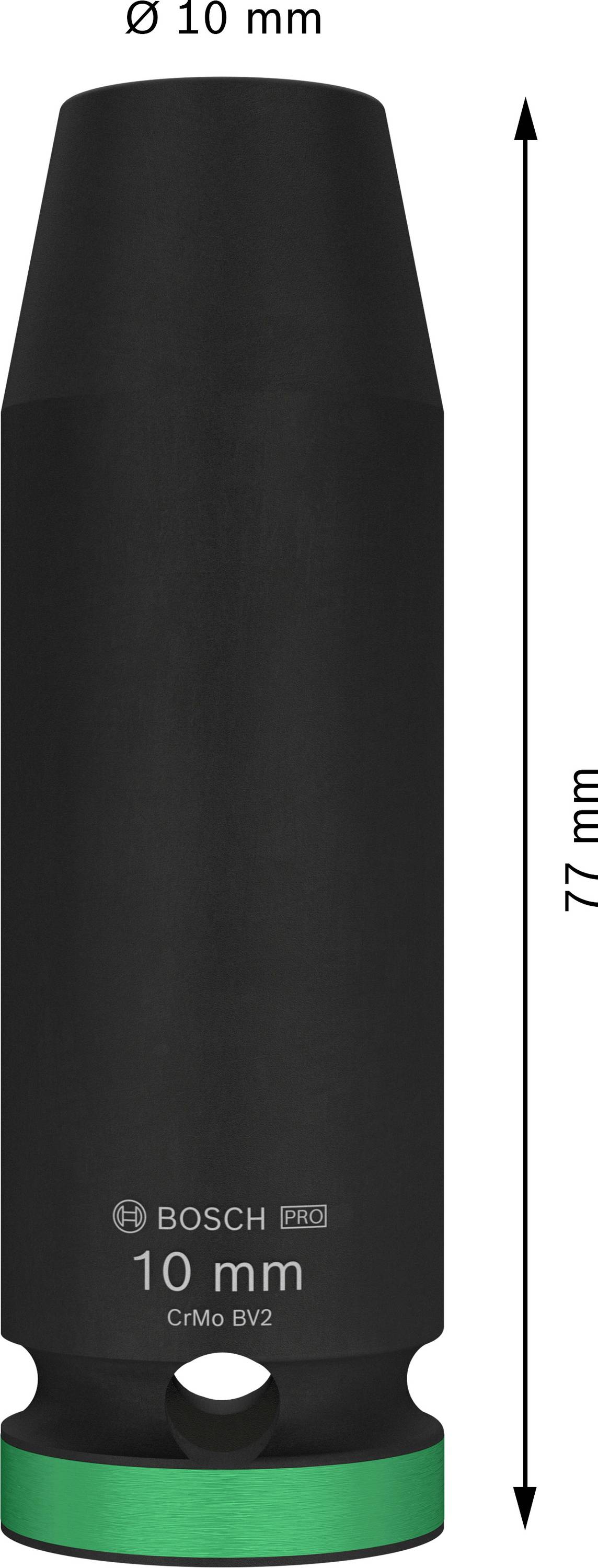 Černý profesionální nástrčný klíč Bosch, průměr 10 mm, délka 77 mm.