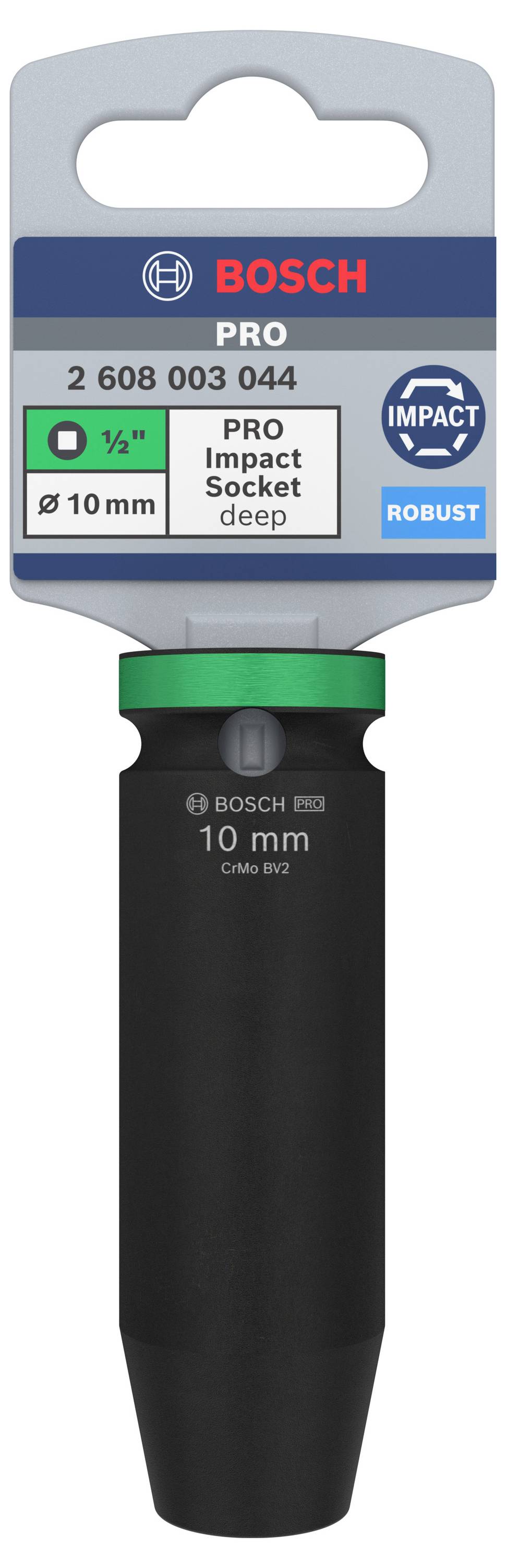 Černá nástrčná hlavice Bosch Pro Impact 10 mm pro profesionální použití, s robustním designem, na šedém pozadí.