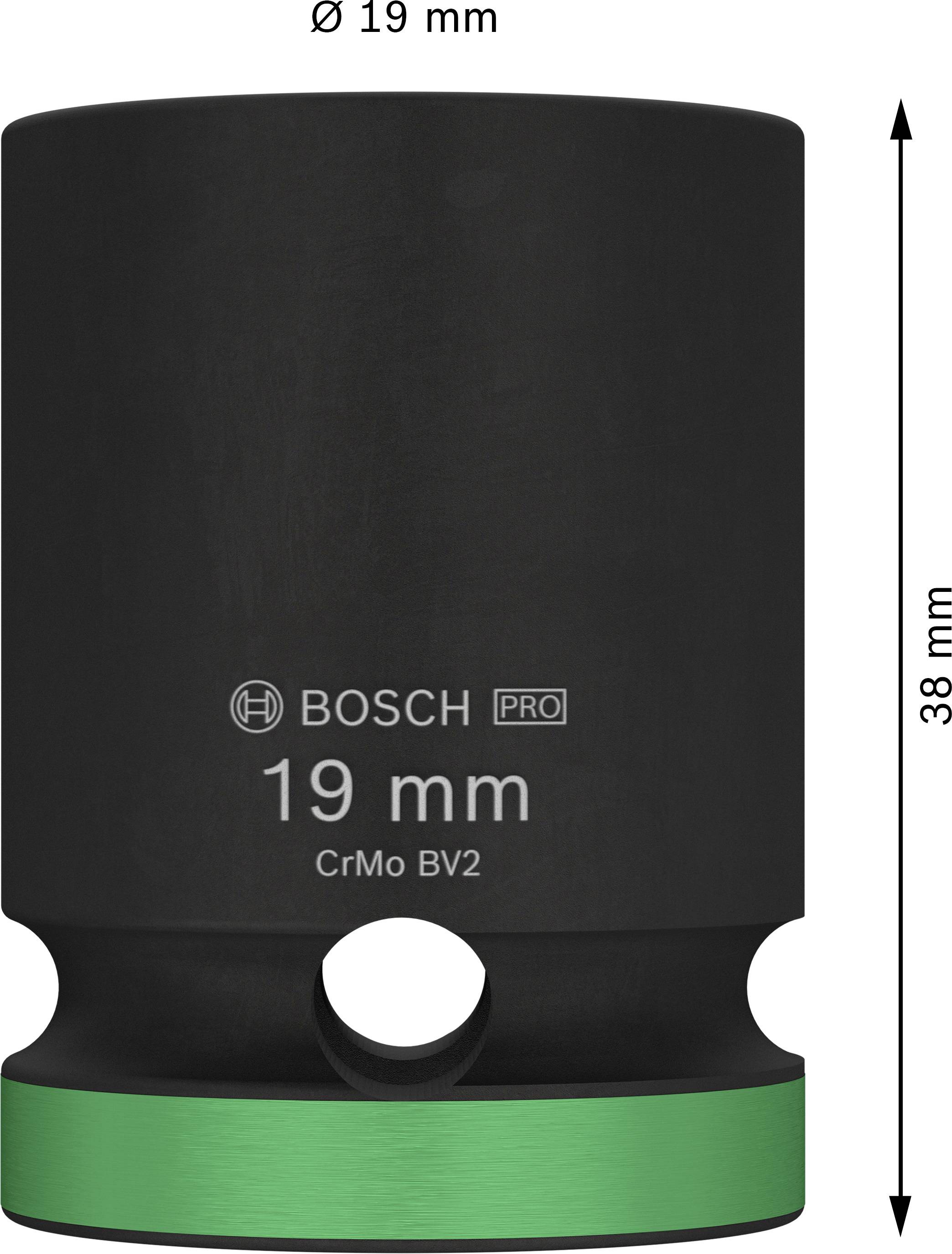 Speciální nástavec na zapalovací svíčky, Ø 19 mm, výška 38 mm, značka: Bosch, slitina CrMo BV2, černý povrch se zelenými označeními.