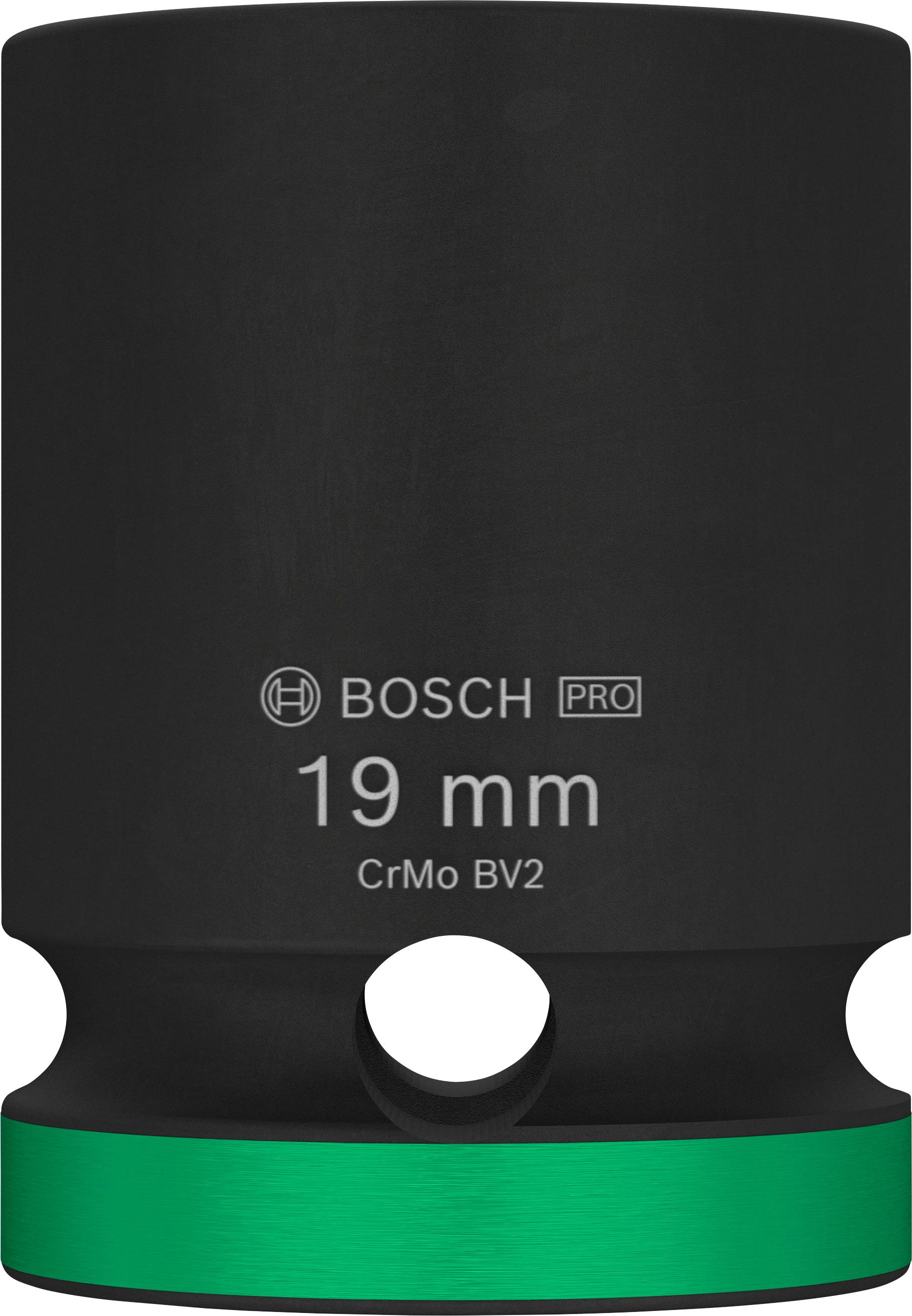 Nástrčná hlavice 'Bosch Pro' z chromniklové oceli o průměru 19 mm, černá se zeleným prstencem na spodní straně, vhodná pro vysoce namáhané aplikace.