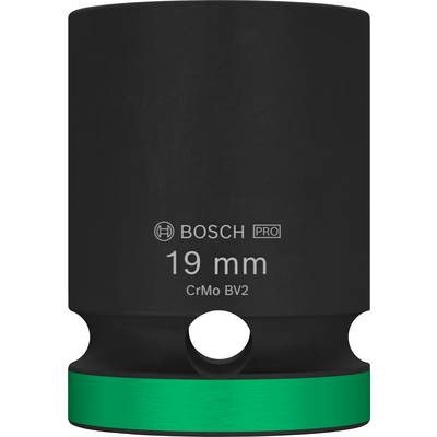 Nástrčná hlavice 'Bosch Pro' z chromniklové oceli o průměru 19 mm, černá se zeleným prstencem na spodní straně, vhodná pro vysoce namáhané aplikace.