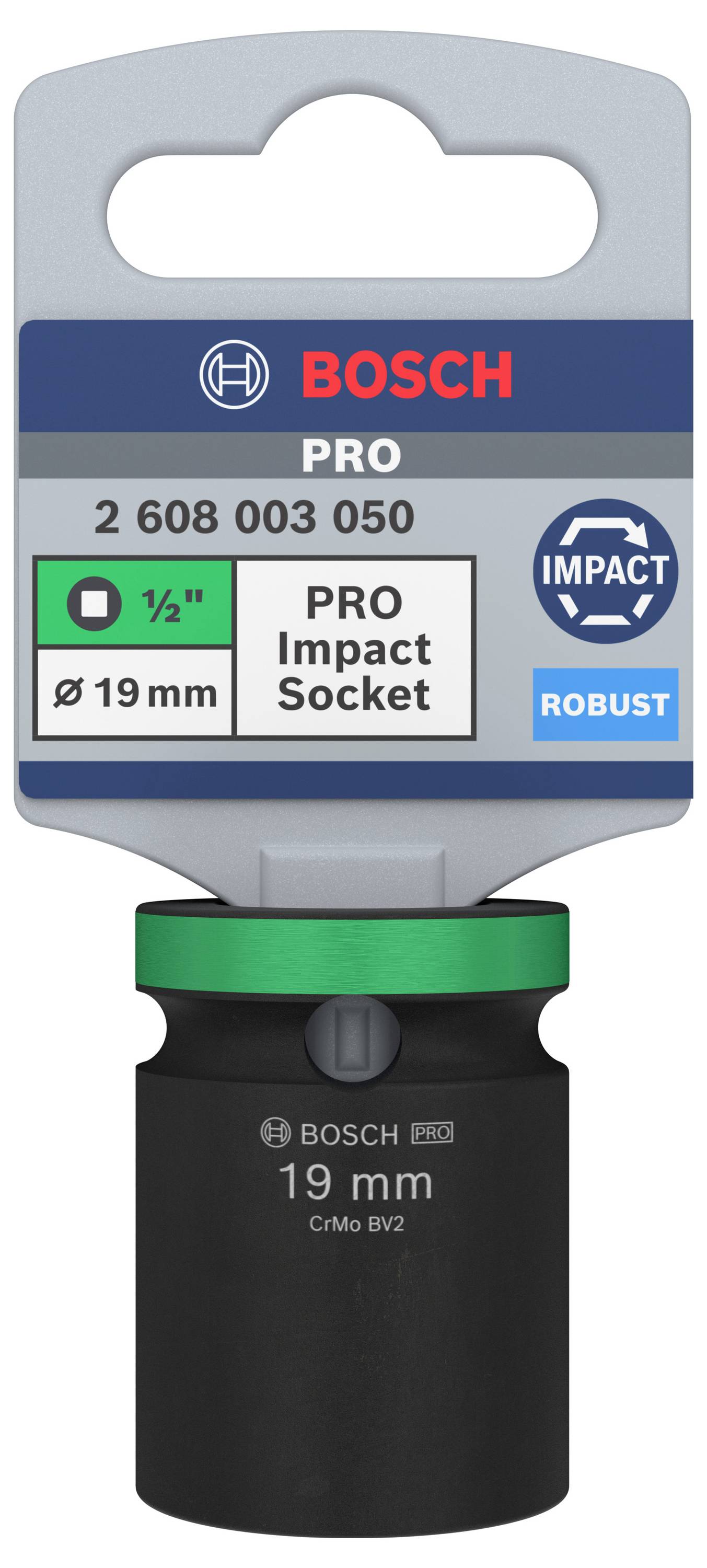 'Bosch Pro Impact Socket', velikost 19 mm, 1/2" pohon. Robustní. Balení s logem a informacemi o produktu.
