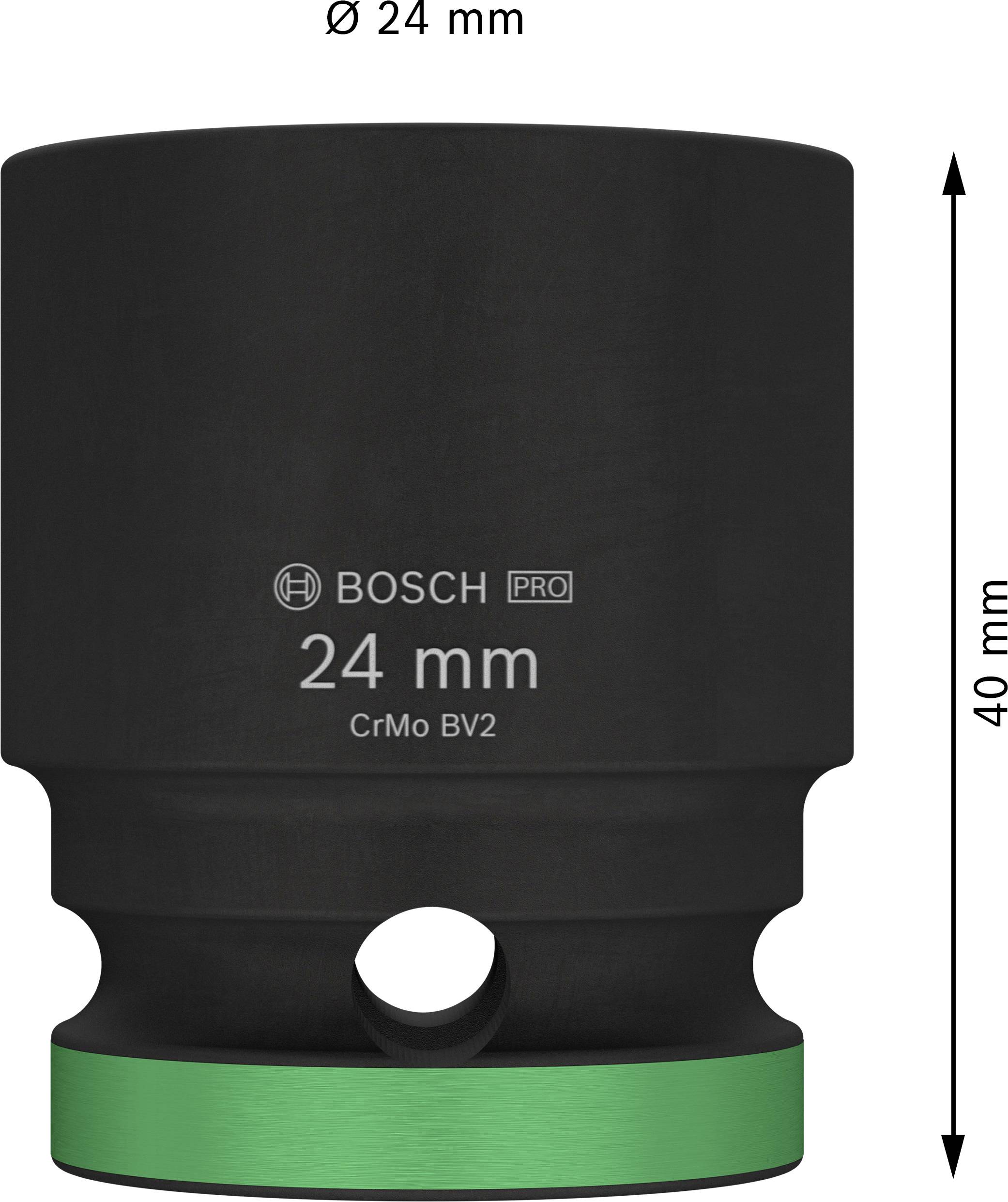 Nástrčný klíč od Bosch Pro, velikost 24 mm, výška 40 mm, černý se zeleným označením, vhodný pro ruční nářadí.