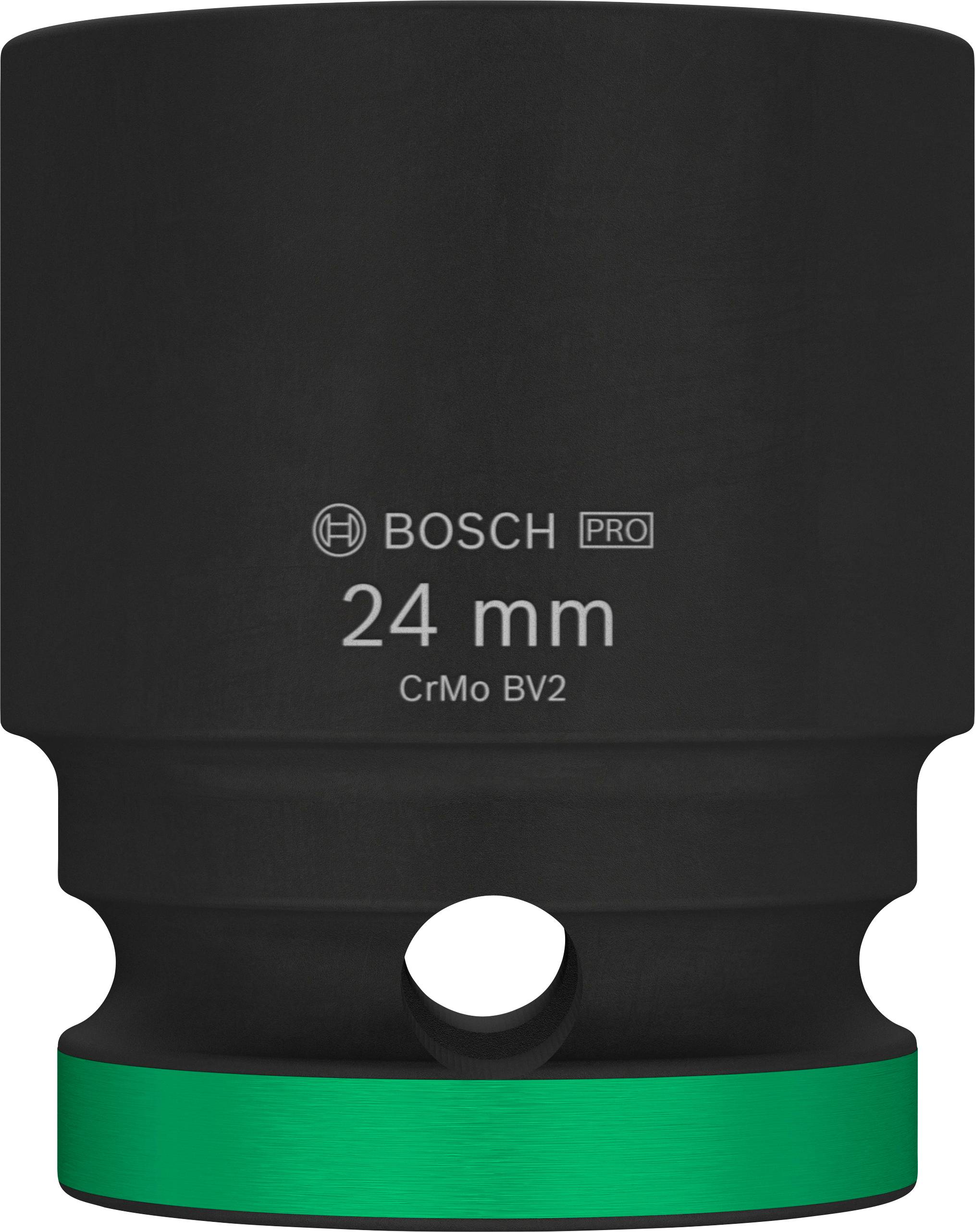 Černá nástrčná hlavice Bosch 24 mm se zeleným kroužkem, vhodná pro profesionální použití, vyrobená z oceli CrMo.