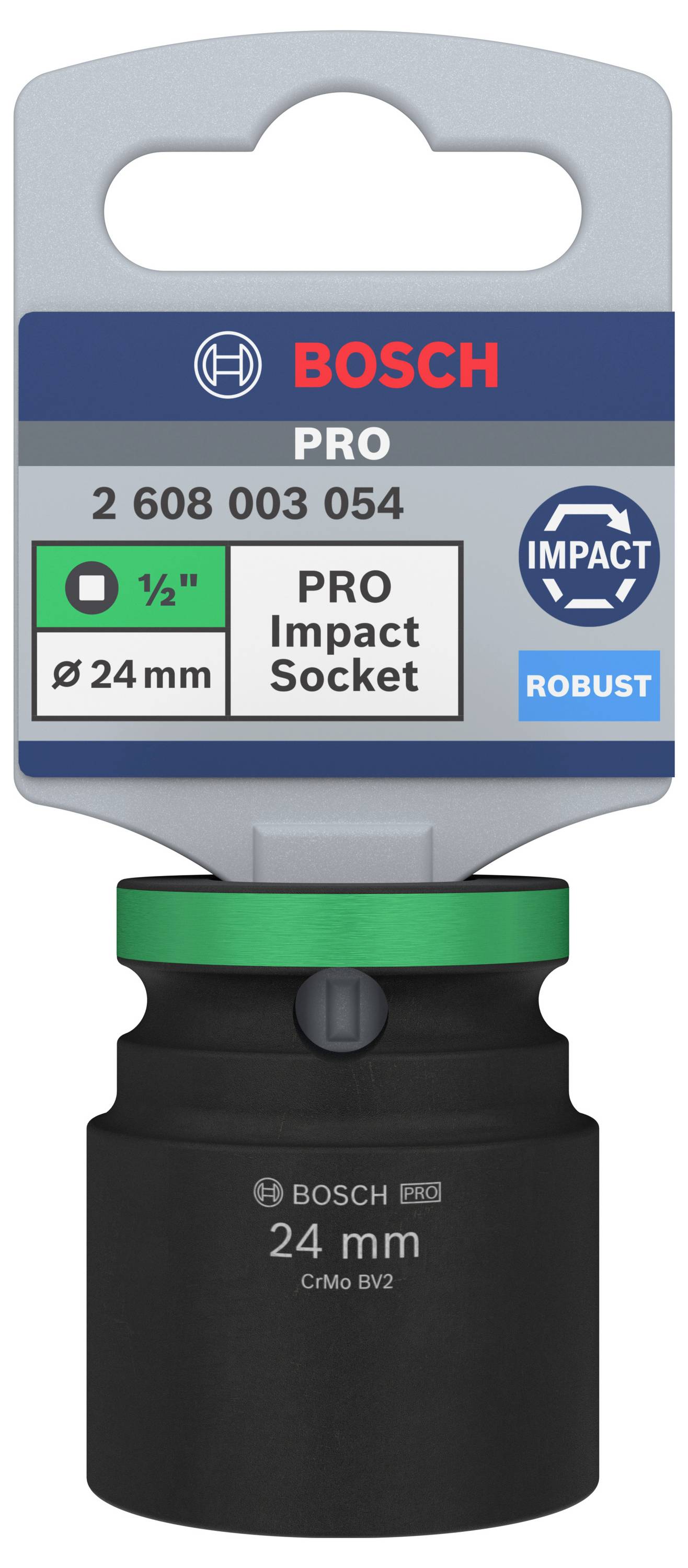 Nástrčný klíč od Bosch, model Pro Impact Socket 24mm, robustní, vhodný pro 1/2palcové pohony, zelené označení pro snadné rozpoznání.