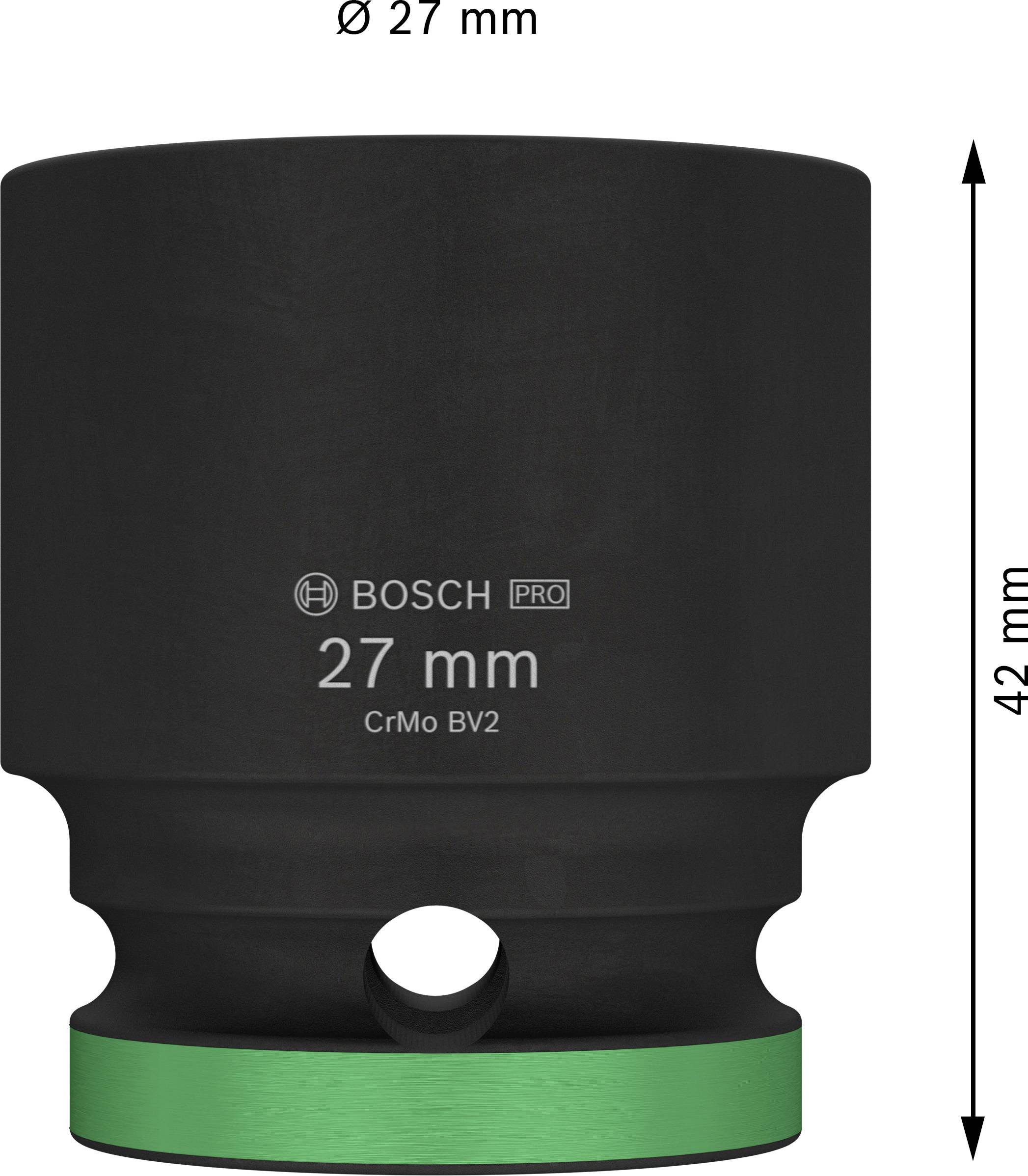 'Bosch' nástrčný klíč, průměr 27 mm, výška 42 mm, materiál CrMo BV2, černý, vhodný pro profesionální použití.