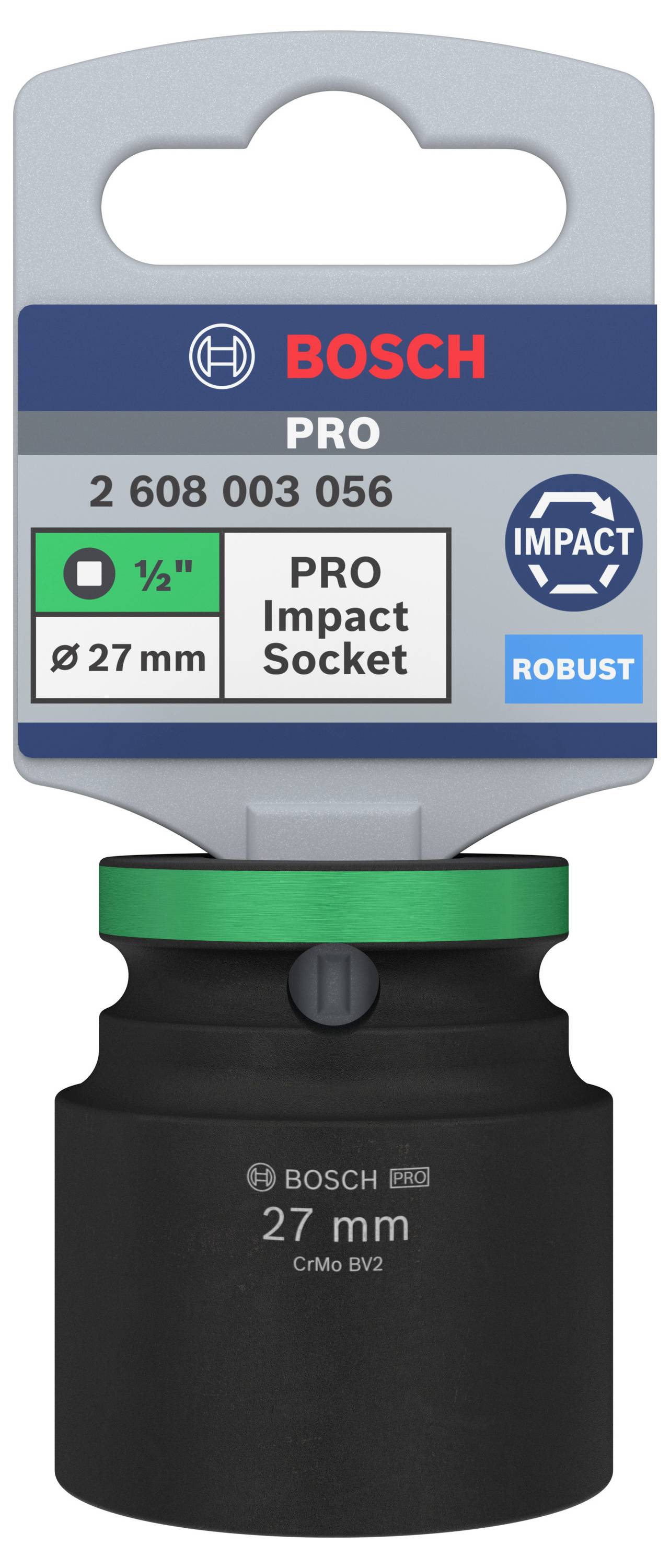 Nástrčný klíč Bosch Pro, 27 mm, pro rázové utahováky. Obal zobrazuje detaily produktu a označení 'Robust'.