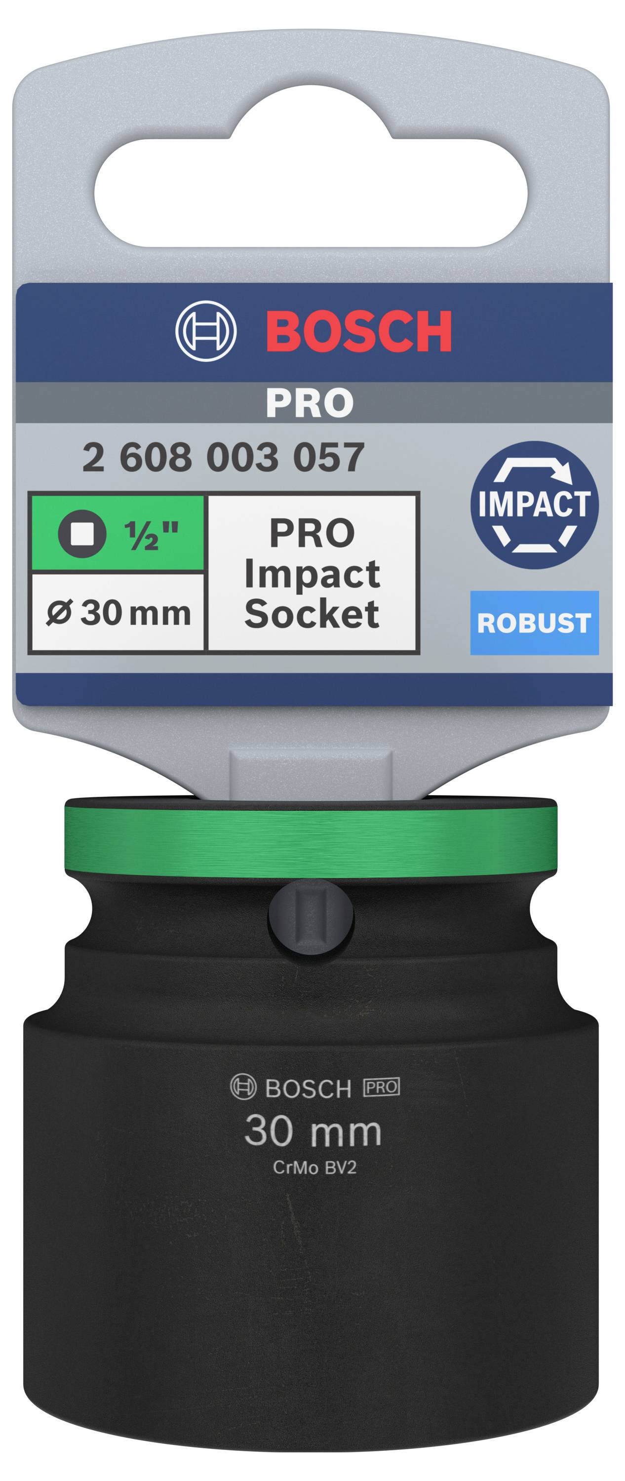 Nástrčný klíč Bosch Pro Impact, velikost 30 mm, robustní a vhodný pro vysoké zatížení, zelené označení pro snadné rozpoznání.