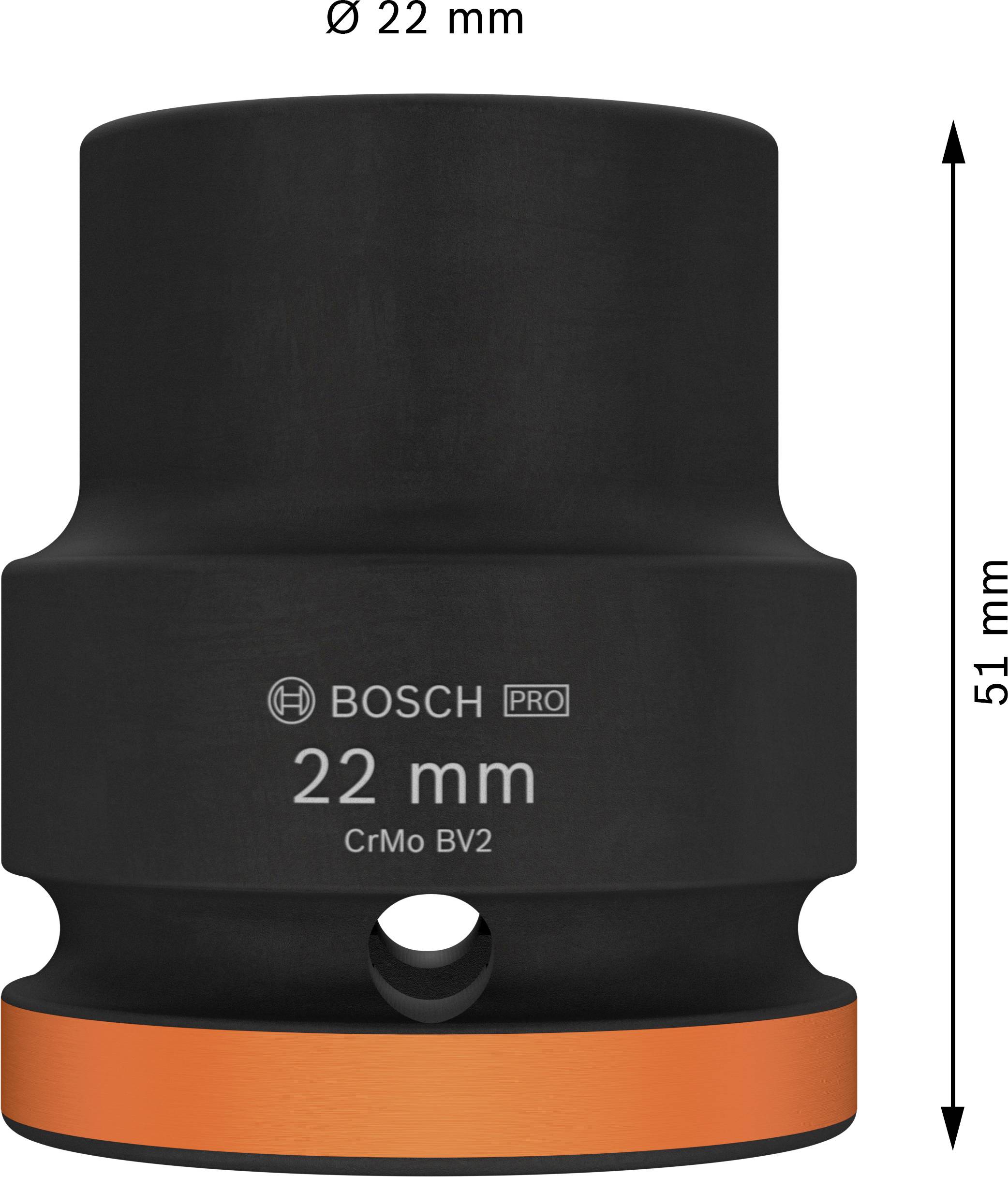 Černá nástrčná matice s oranžovým kroužkem u základny, vysoká 51 mm a průměr 22 mm, s nápisem "BOSCH PRO 22 mm".