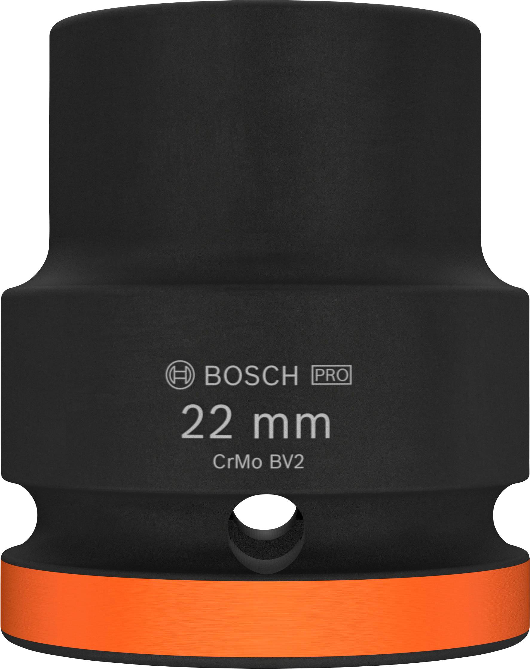 Černý nástrčný klíč Bosch, 22 mm, materiál CrMo, vhodný pro profesionální použití.