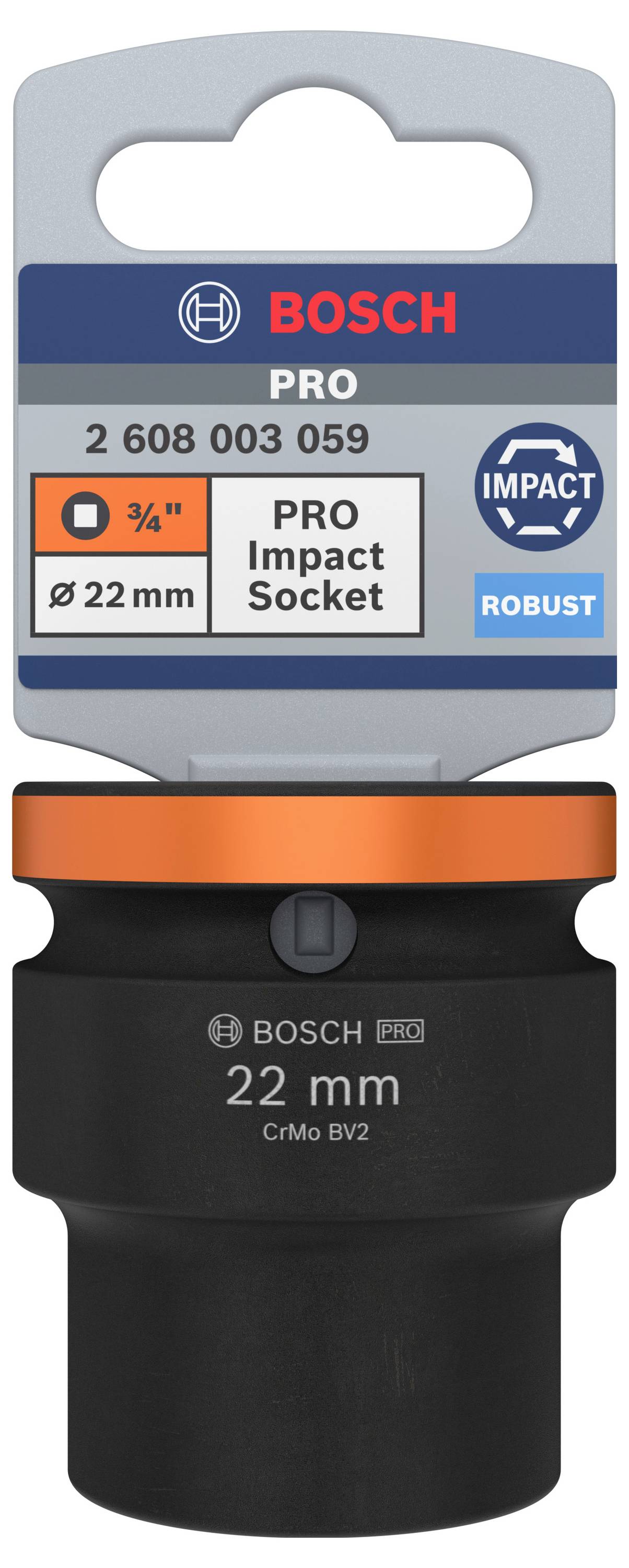 'Bosch Pro Impact Socket', velikost 22 mm. Robustní nástrčný klíč pro šroubovací práce. Označení ukazuje číslo produktu a podrobnosti.