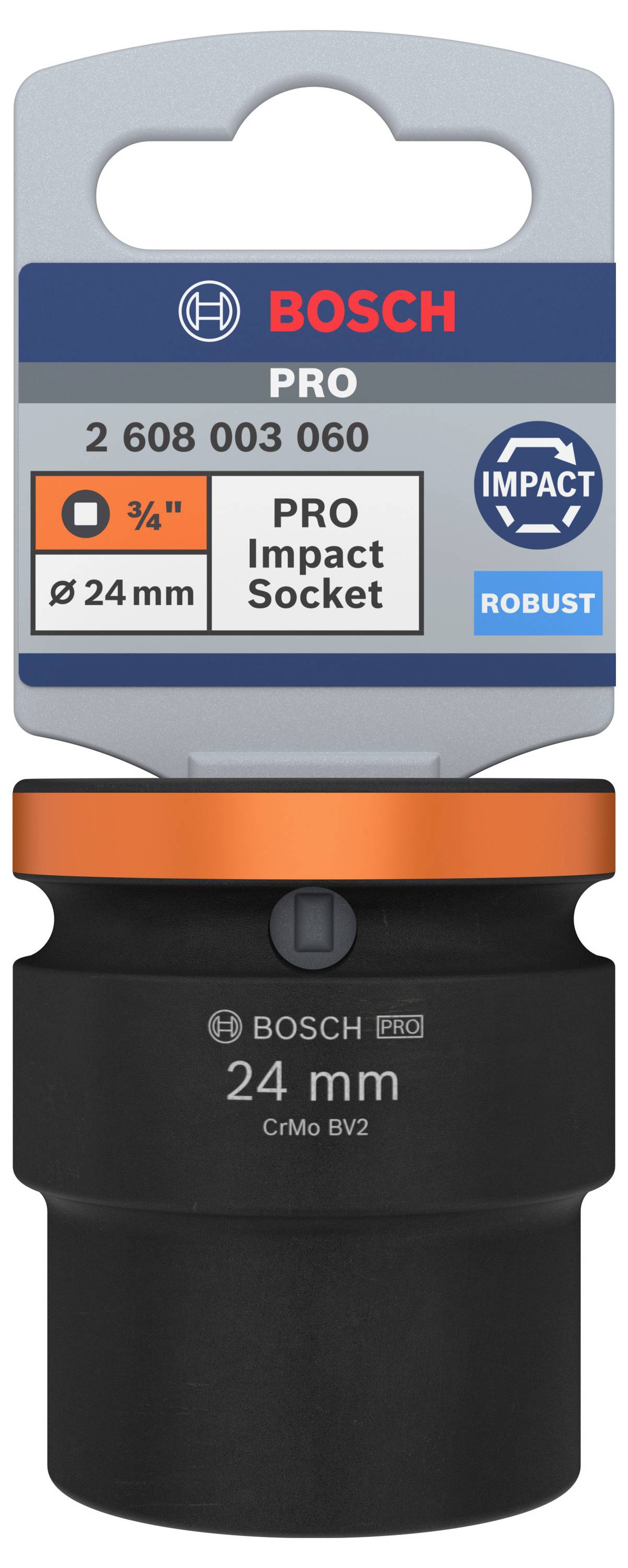 Bosch Pro Impact nástrčný klíč, 24 mm, vhodný pro 3/4 palce, zabalen v robustním obalu s textem 'IMPACT ROBUST'.