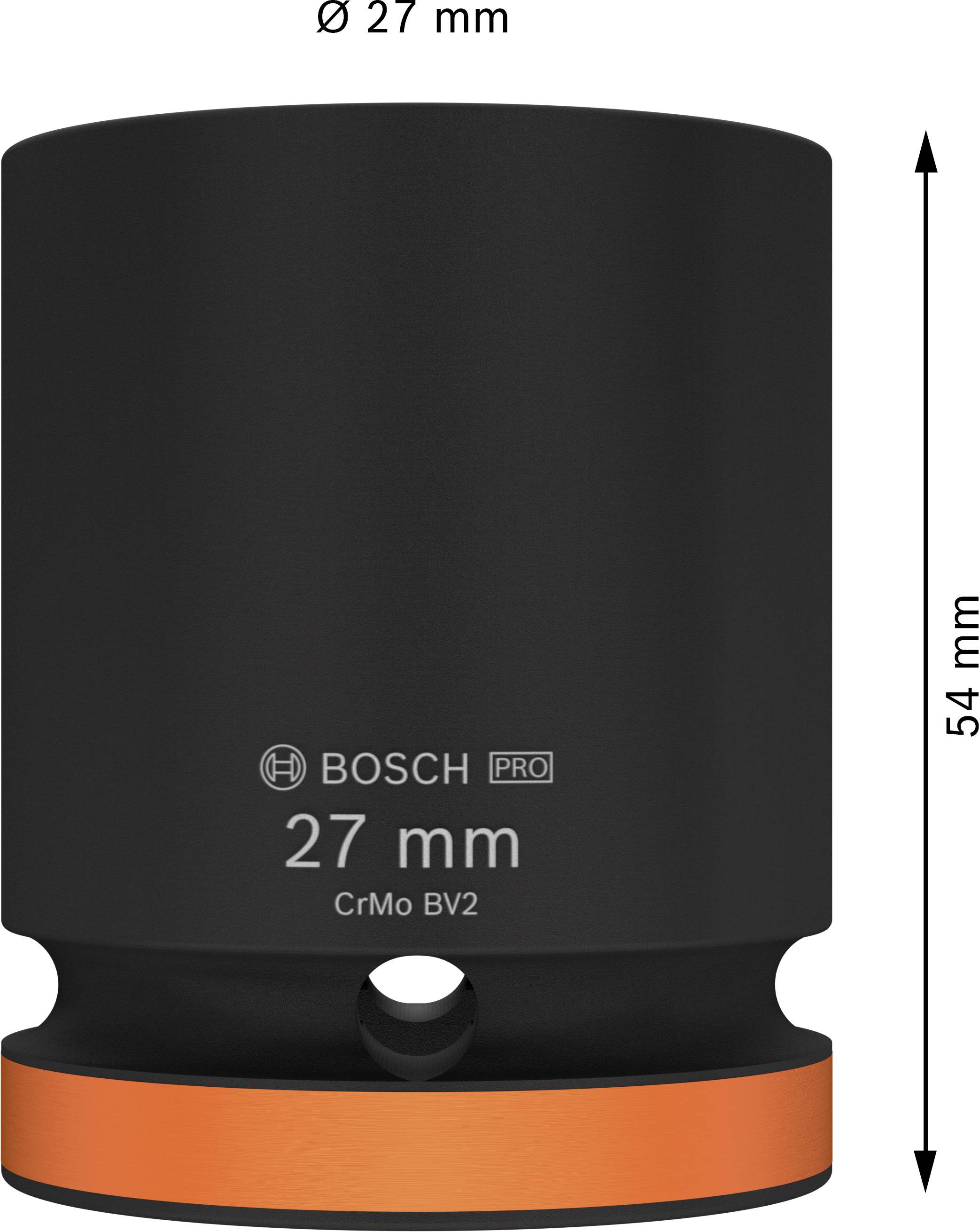 Černá nástrčná matice s průměrem 27 mm a výškou 54 mm. Nápis: 'BOSCH PRO 27 mm CrMo BV2'. Ideální pro profesionální použití.