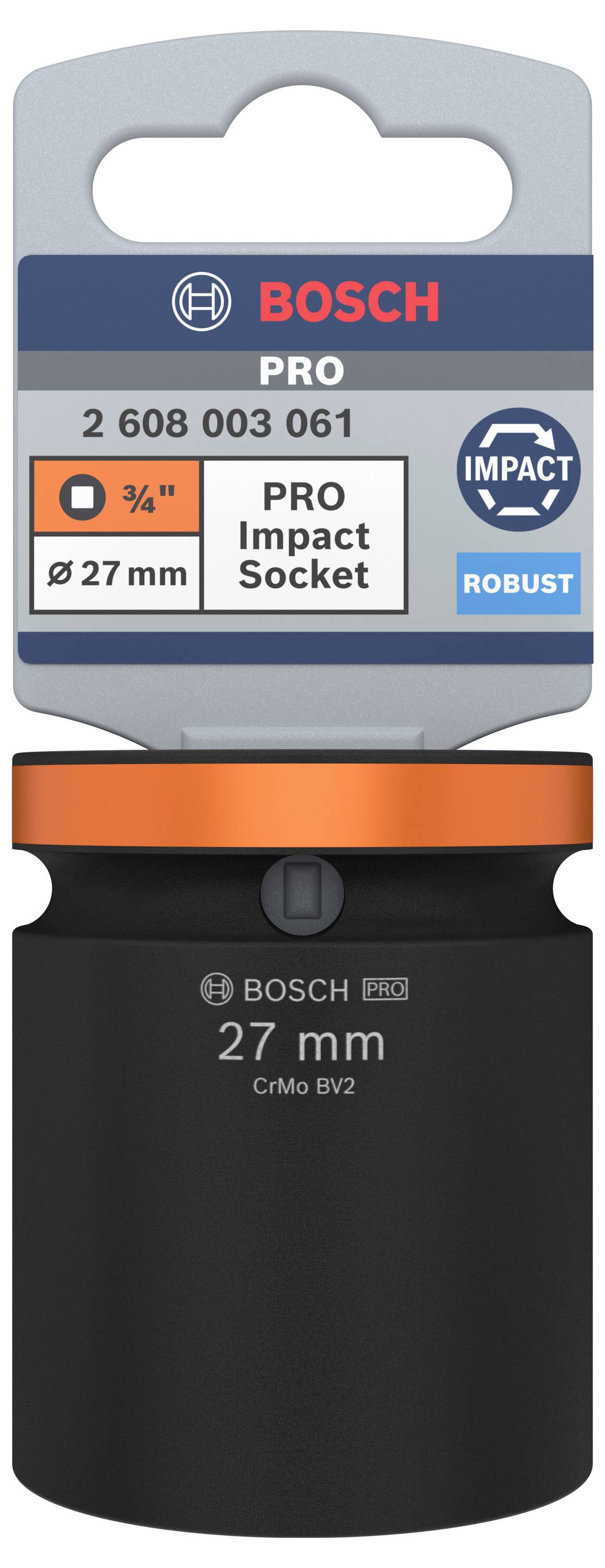 'Bosch Pro Impact Socket', robustní nástrčná hlavice s 3/4 palcovým pohonem a průměrem 27 mm, vhodná pro výkonné aplikace.