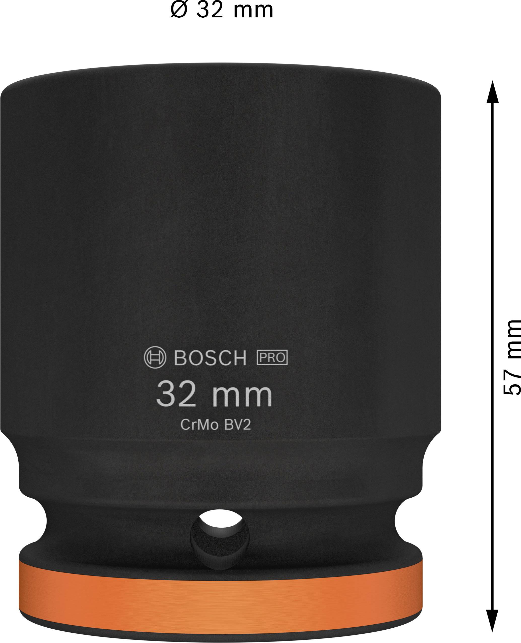 'BOSCH PRO 32 mm' nástrčný klíč, Ø 32 mm, výška 57 mm, model CrMo BV2, černý povrch s oranžovým kroužkem dole.