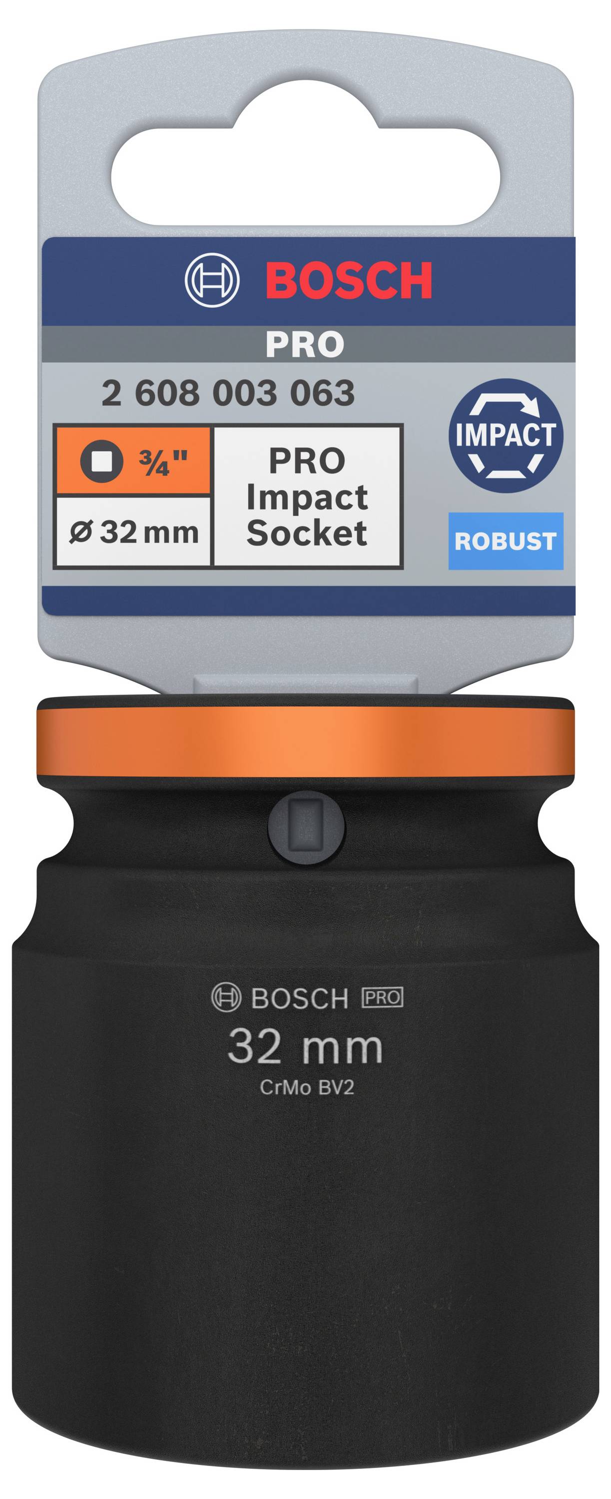 Černo-červená Bosch nástrčná hlavice s průměrem 32 mm. Vhodná pro 3/4" pohon. Balení s logem Bosch a označením produktu.