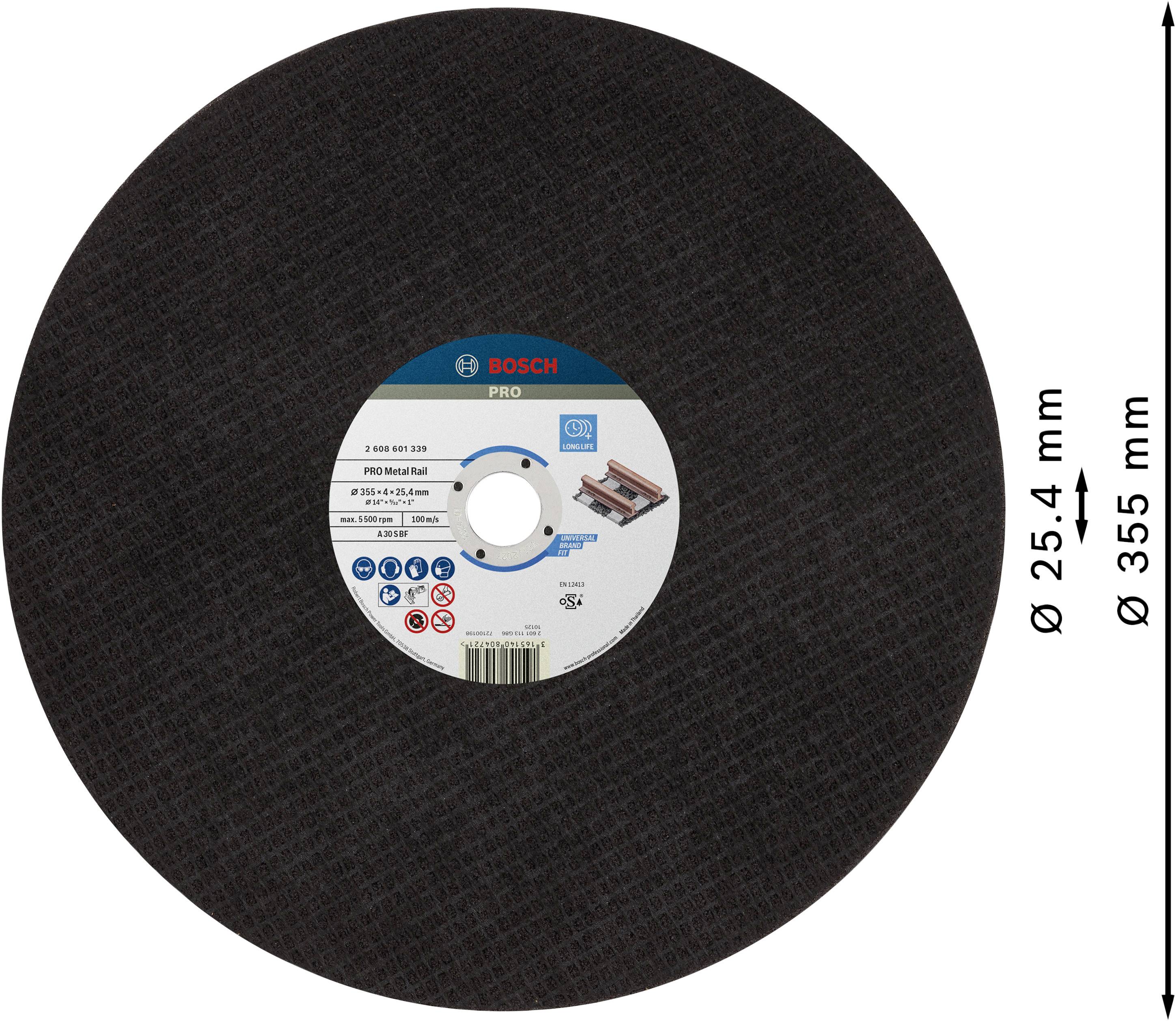 Kulatý řezný kotouč Bosch Pro, průměr 355 mm, vhodný pro řezání kovu, s etiketou a technickými údaji na přední straně.