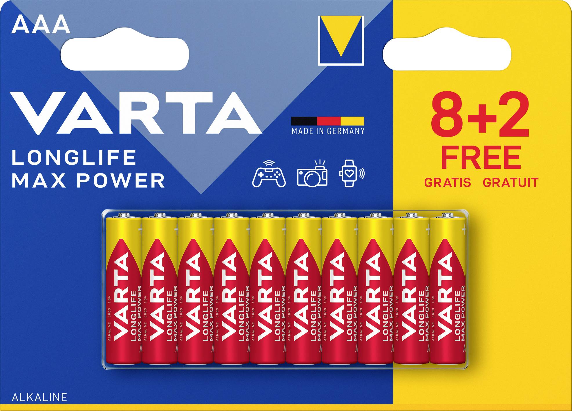10ks balení VARTA AAA baterií 'LONG LIFE MAX POWER' s nabídkou '8+2 ZDARMA'. Vhodné pro herní konzole, fotoaparáty a dálkové ovladače.