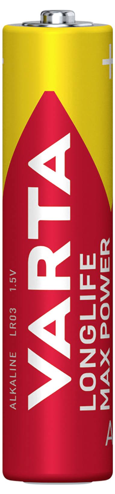 Červená a žlutá alkalická baterie Varta s nápisem 'Longlife Max Power'.