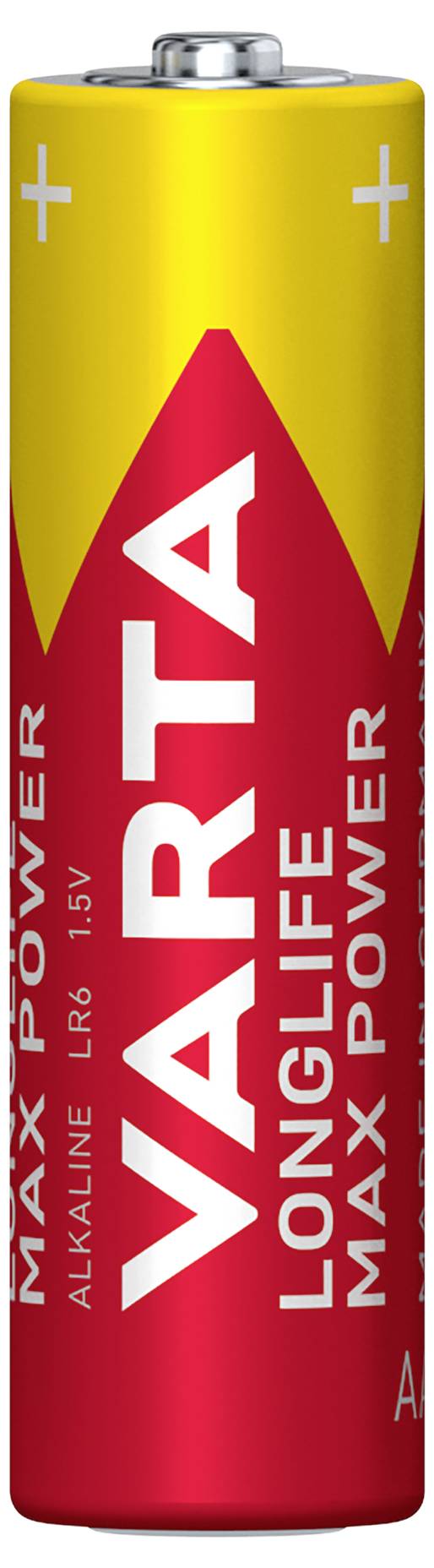 Baterie s nápisem 'VARTA Longlife Max Power'. Žluto-červený design, typ AA, alkalická, 1,5V.