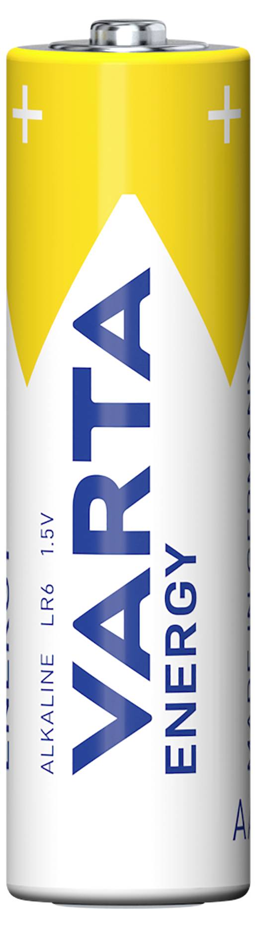 Alkalická baterie VARTA LR6 1,5V, částečně žlutá a bílá s modrým textem.