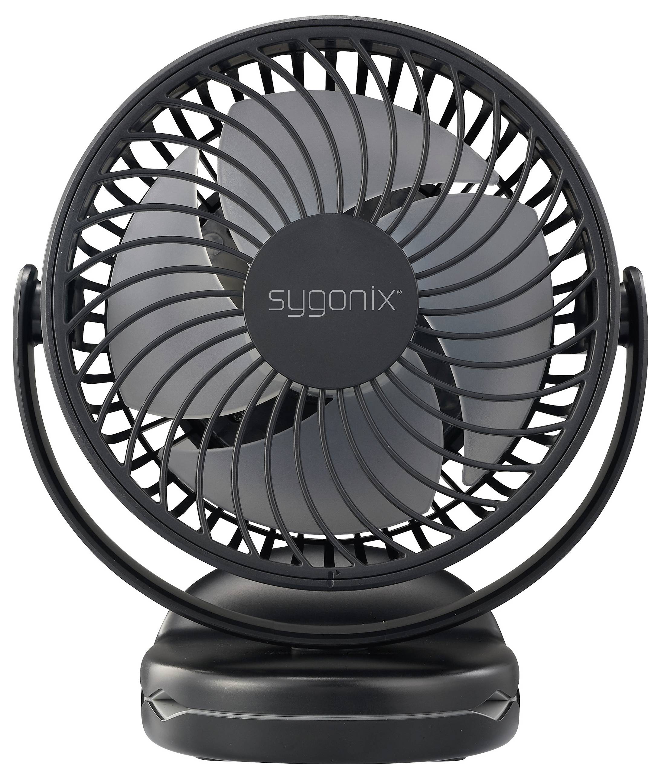 Černý stolní ventilátor se třemi lopatkami, označený nápisem 'sygonix', stojí vzpřímeně.